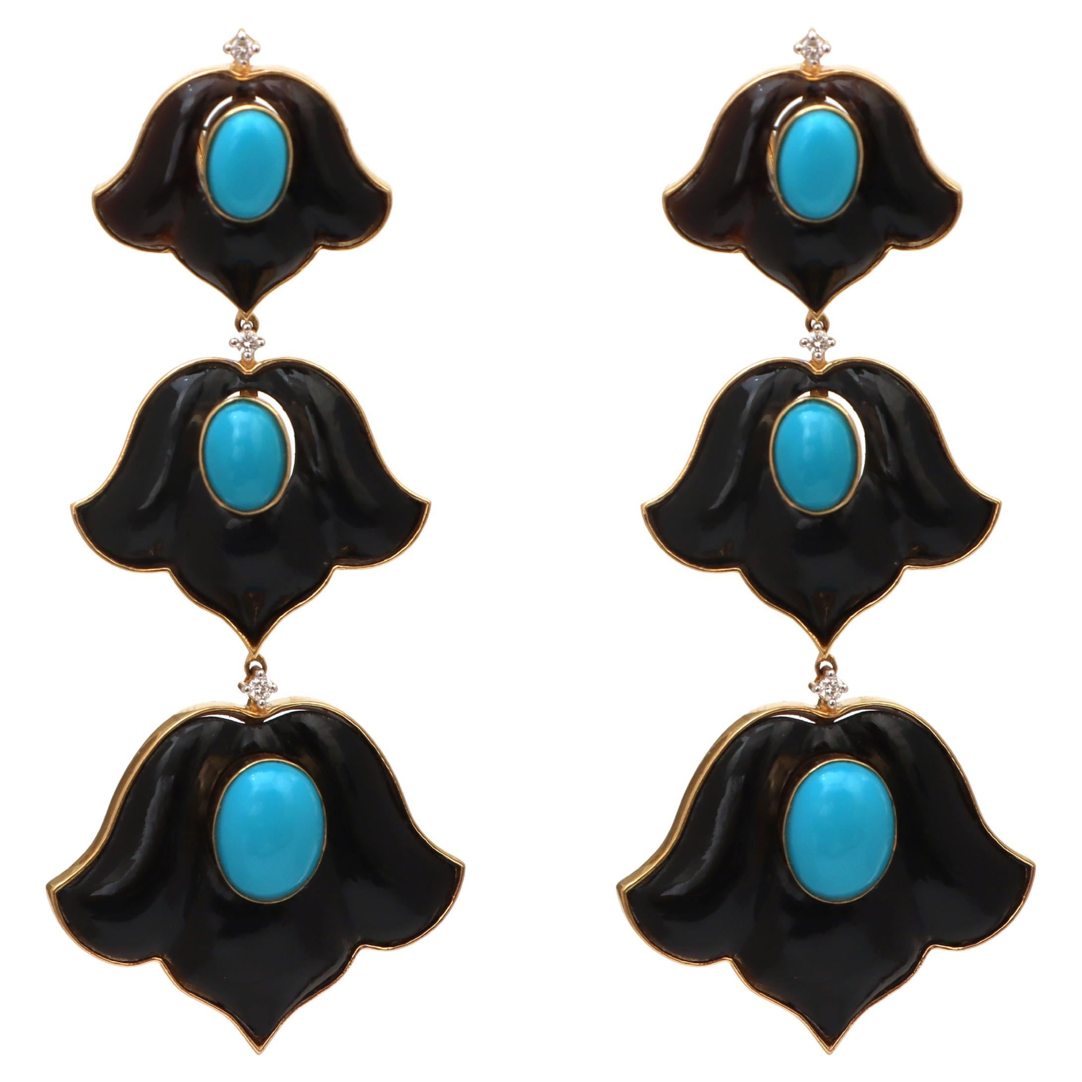 Boucles d'oreilles en or jaune 18K Turquoise et Onyx noir Bijoux pour femmes