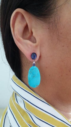 Genuine Turquoise Blue Sapphire Gold Blue Sapphire Diamonds Flat Drop Earrings