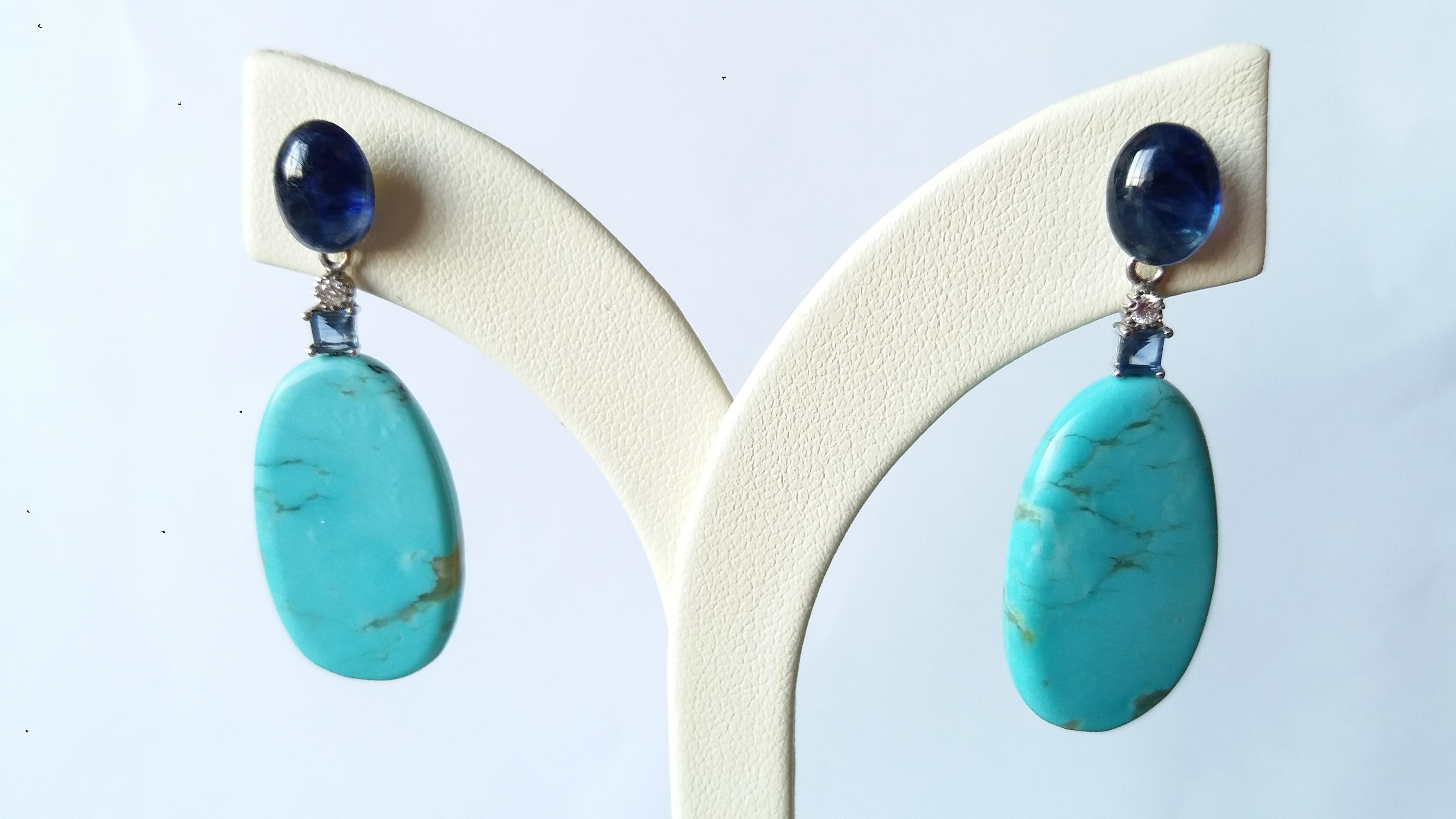 Mixed Cut Genuine Turquoise Blue Sapphire Gold Blue Sapphire Diamonds Flat Drop Earrings For Sale