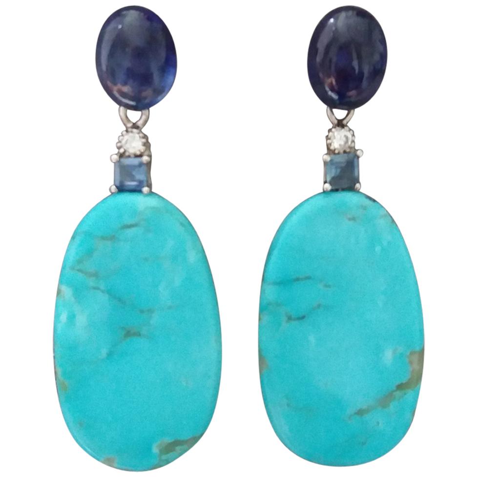 Genuine Turquoise Blue Sapphire Gold Blue Sapphire Diamonds Flat Drop Earrings For Sale