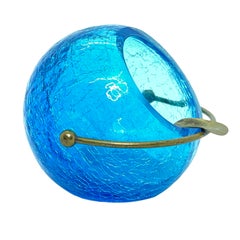 Turquoise and Brass Crystal Glass Ball Ash Tray, German, 1950s