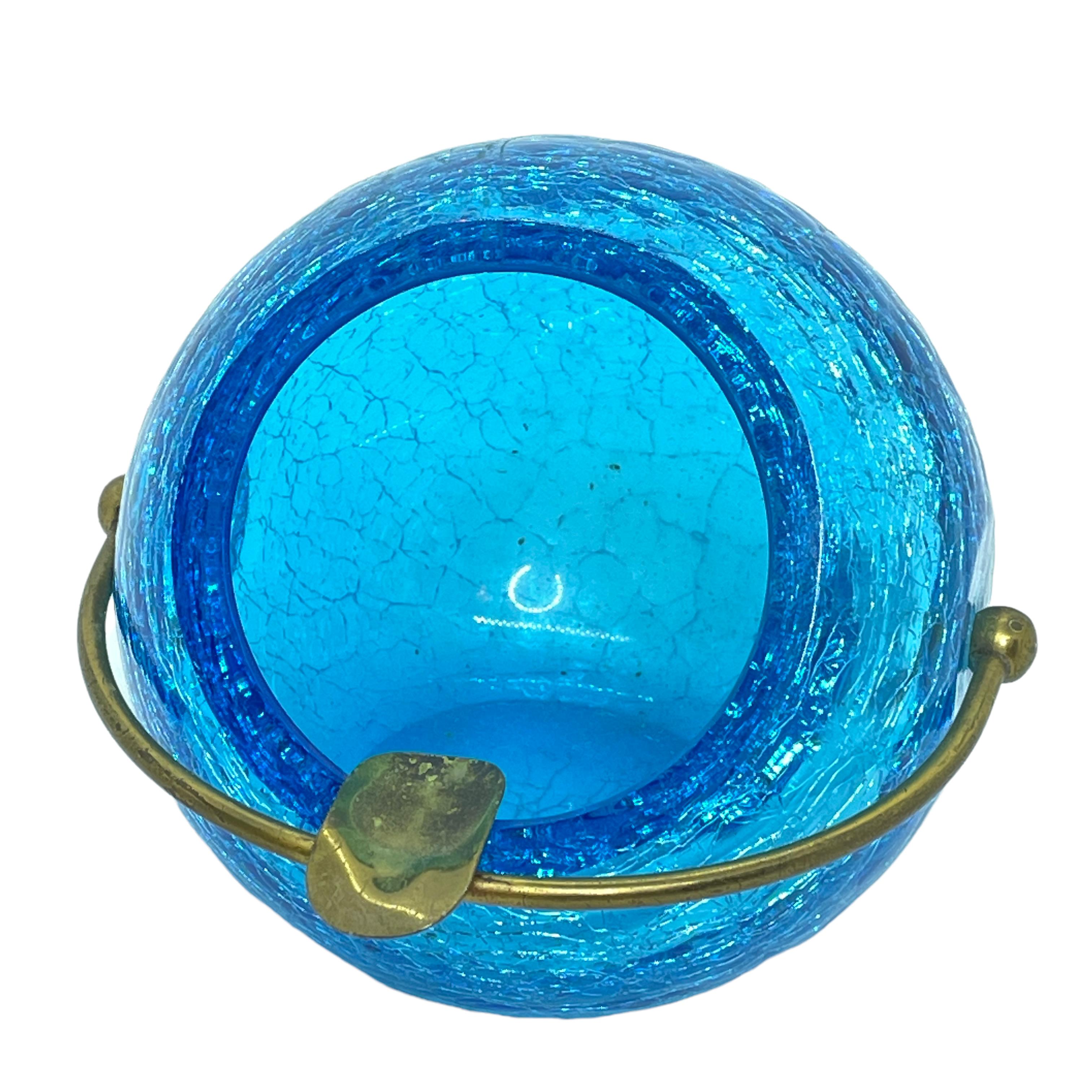 Turquoise and Brass Crystal Glass Ball Ash Tray, German, 1950s For Sale 1