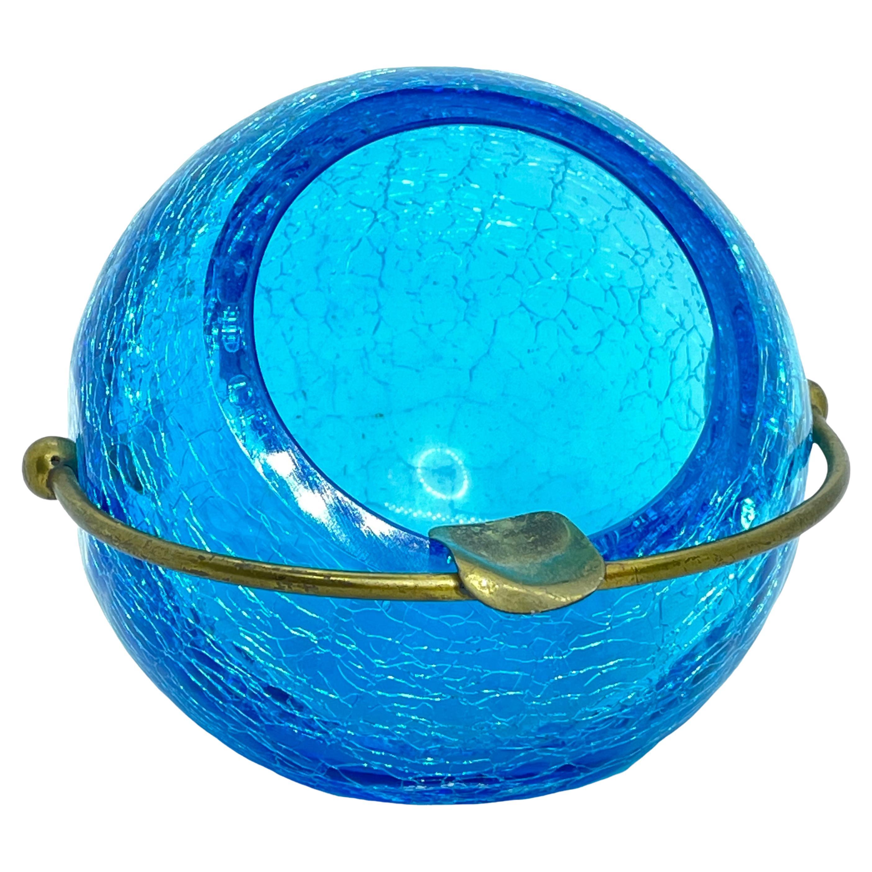 Turquoise and Brass Crystal Glass Ball Ash Tray, German, 1950s For Sale