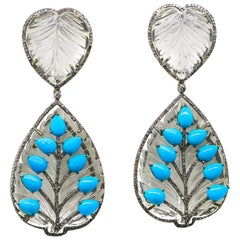 Turquoise and Carved Rock Quartz Earrings with Diamonds 2.14 Carat 14 Karat Gold
