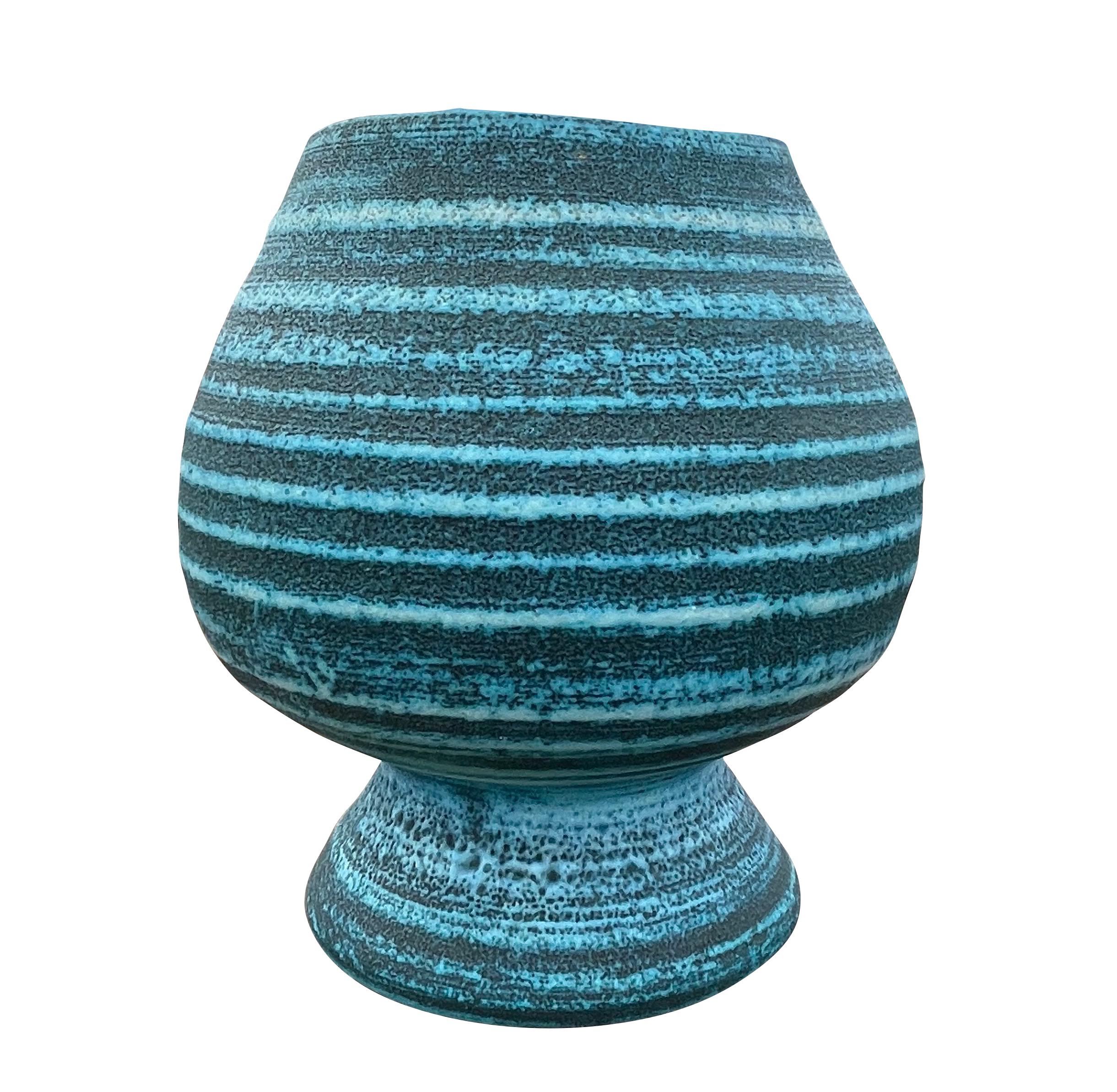 Mid Century French horizontal stripe deep turquoise and charcoal vase by Accolay.
Accolay pottery was hand made in Accolay, France from 1945 to 1989. 
From a collection of four pieces (S6182/3/4 )
