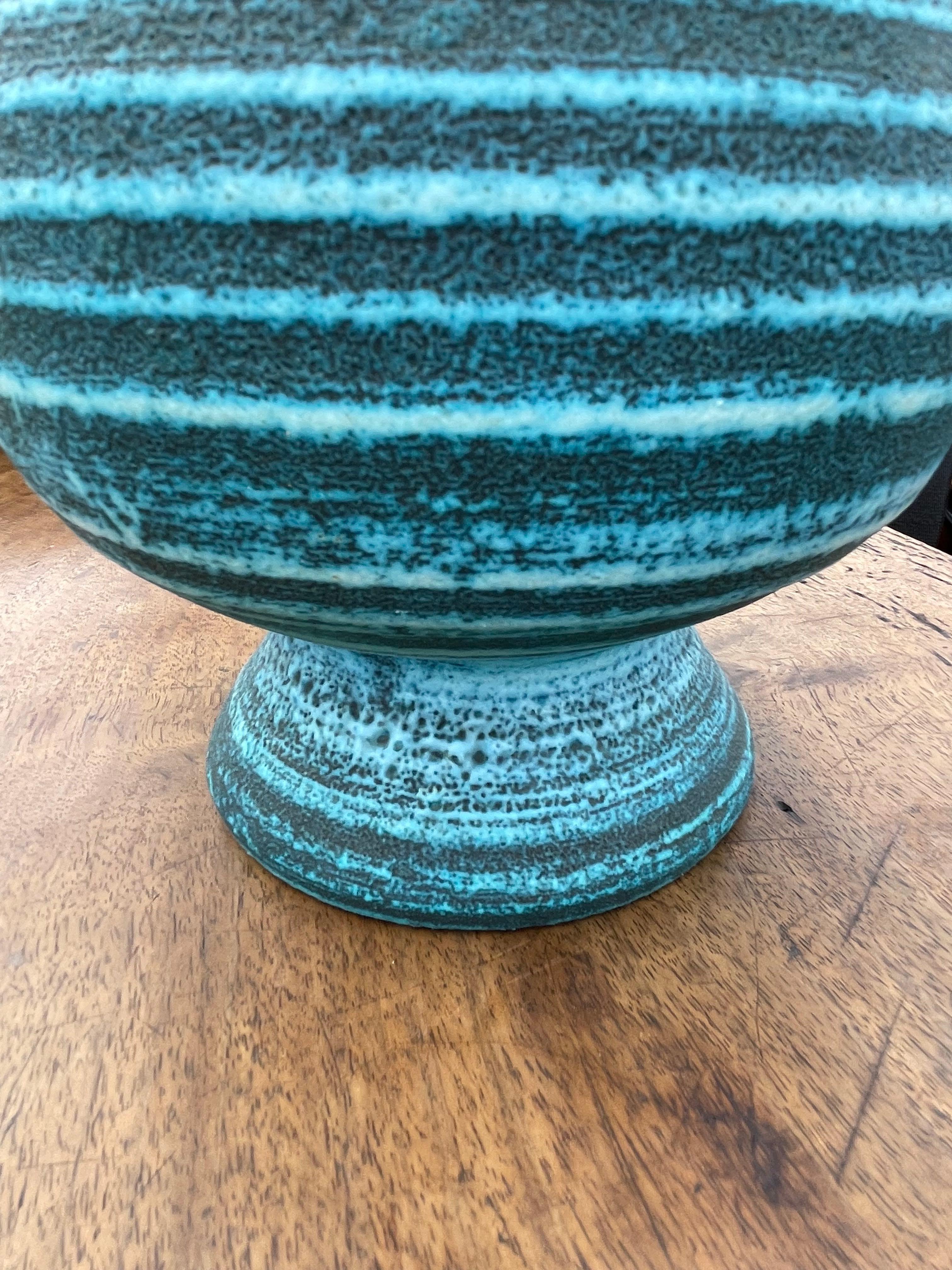 French Turquoise And Charcoal Horizontal Stripe Accolay Vase, France, Mid Century
