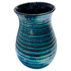 Turquoise and Charcoal Horizontal Stripe Accolay Vase, France, Mid Century