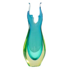 Turquoise and Chartreuse Sommerso Murano Glass Vase Ascribable to Cenedese, 1950