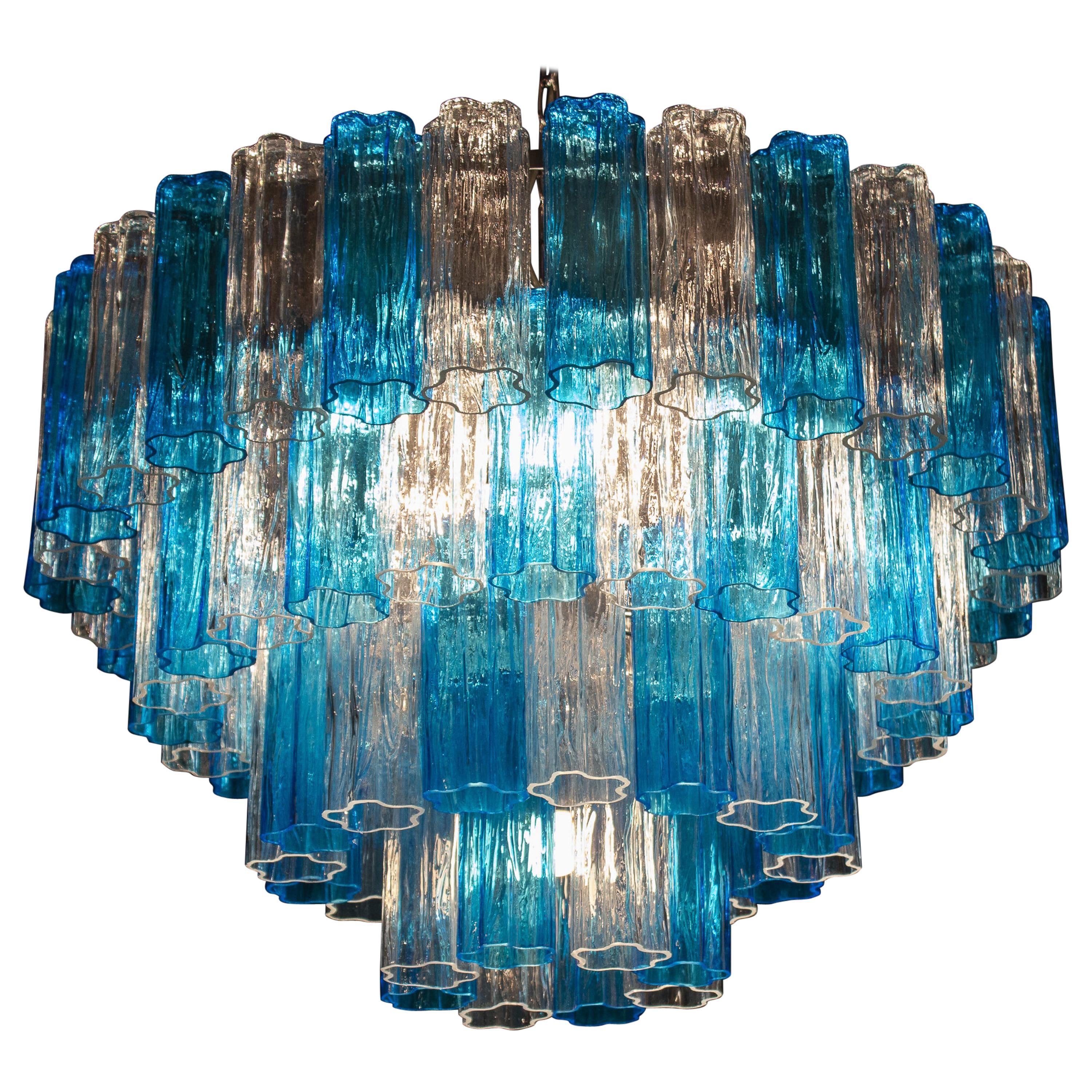 Turquoise and Clear Murano Glass Tronchi Chandelier Ceiling Light For Sale