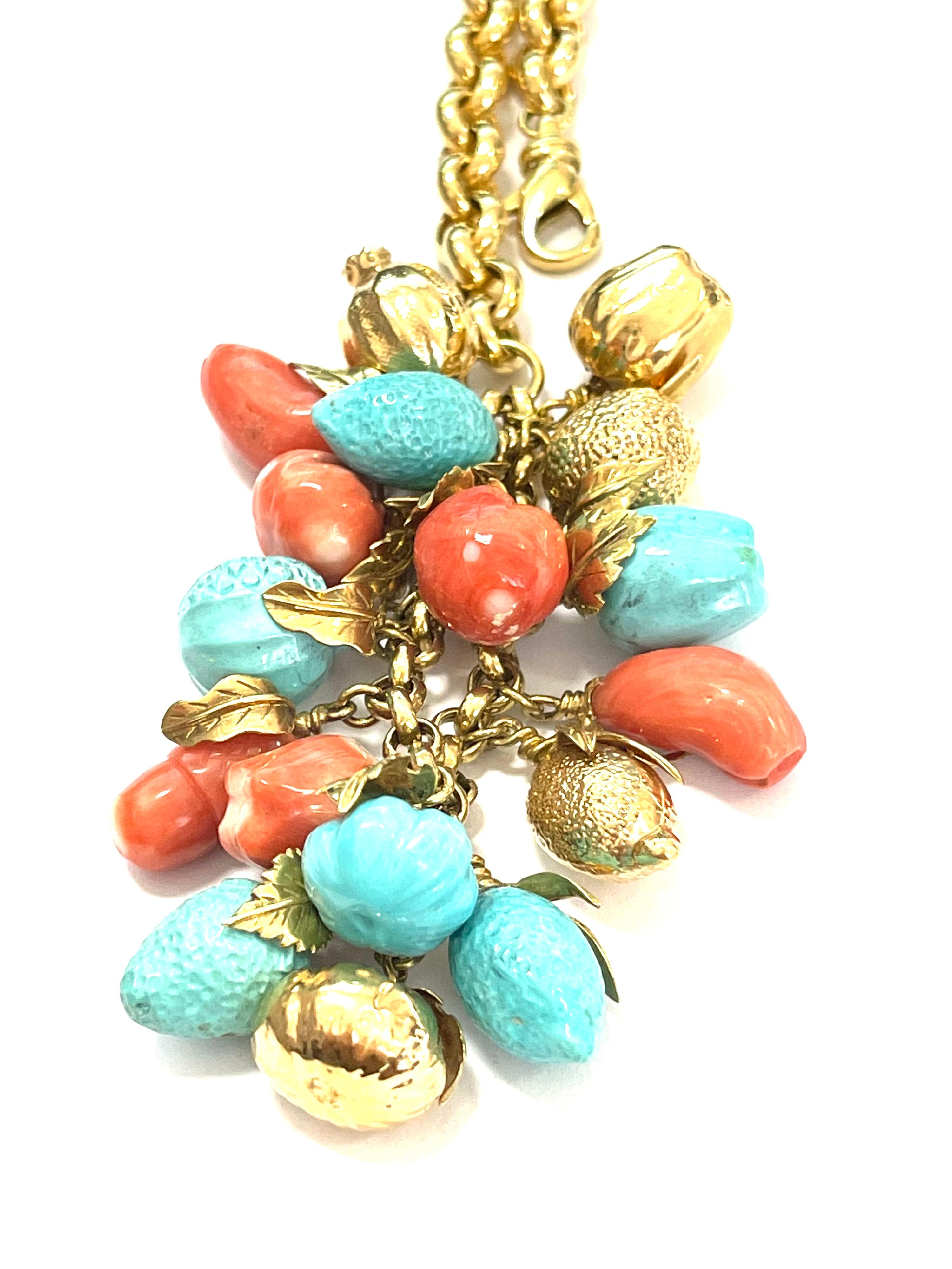 Turquoise and coral 18kt yellow gold fruit necklace
The long chain allows multiple wearing
Total weight of 18 kt gold: gr 87.30
Total weight of red coral and turqoise : gr 32.60
Stamp: 10 MI, 750, ITALY