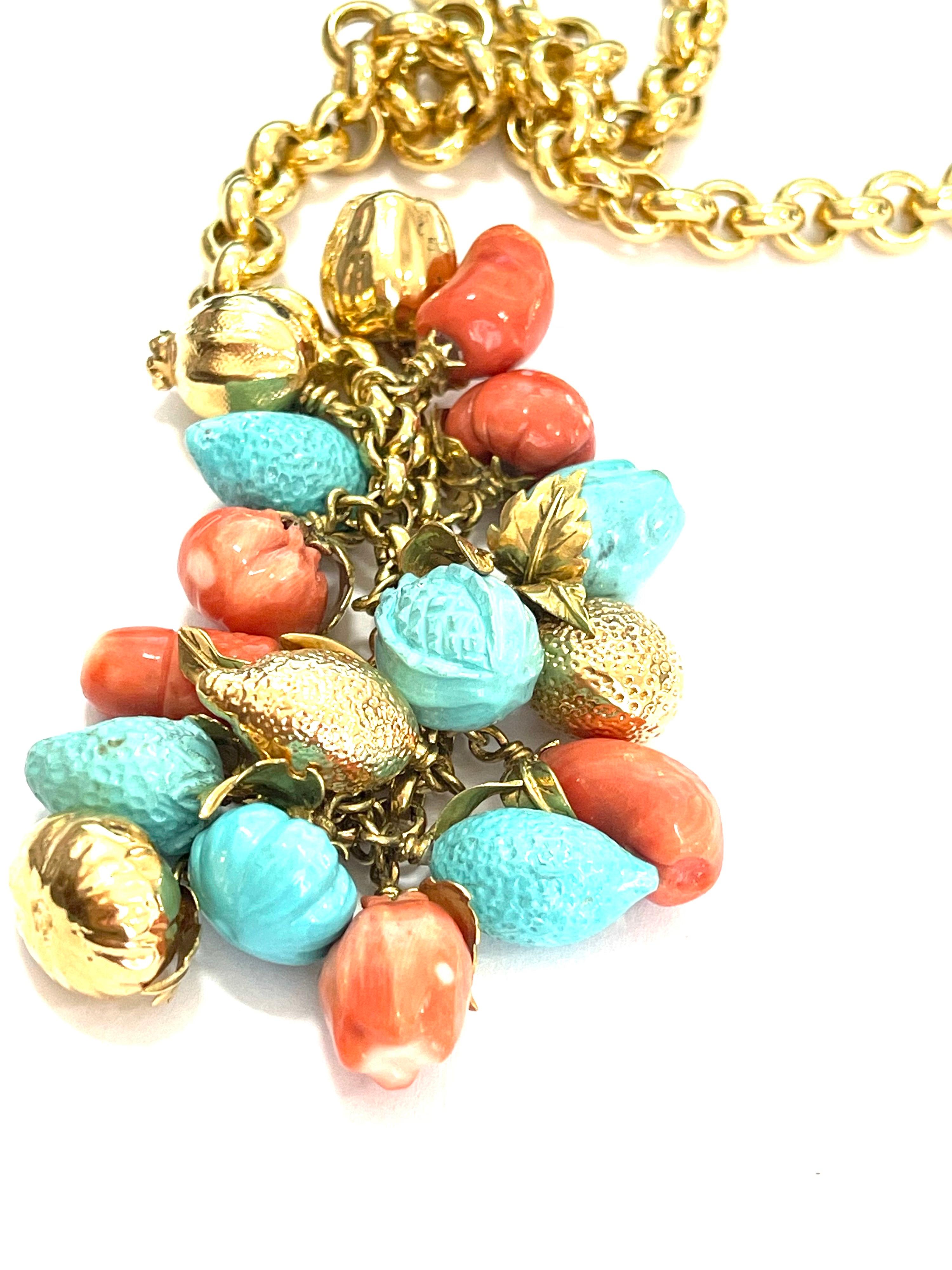 Mixed Cut Turquoise and Coral 18 Karat Yellow Gold Fruit Necklace For Sale