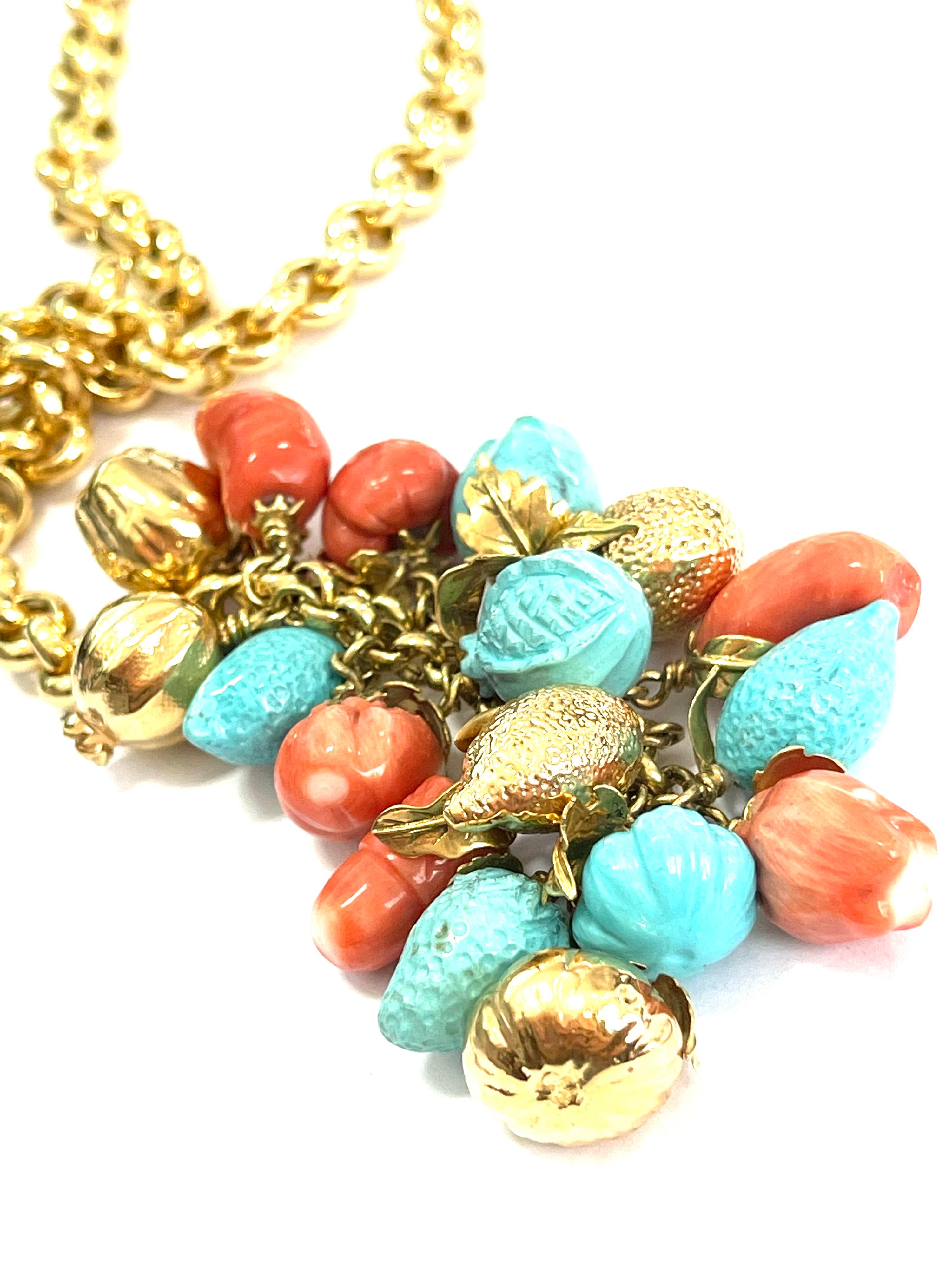 Turquoise and Coral 18 Karat Yellow Gold Fruit Necklace In New Condition For Sale In Milano, Lombardia