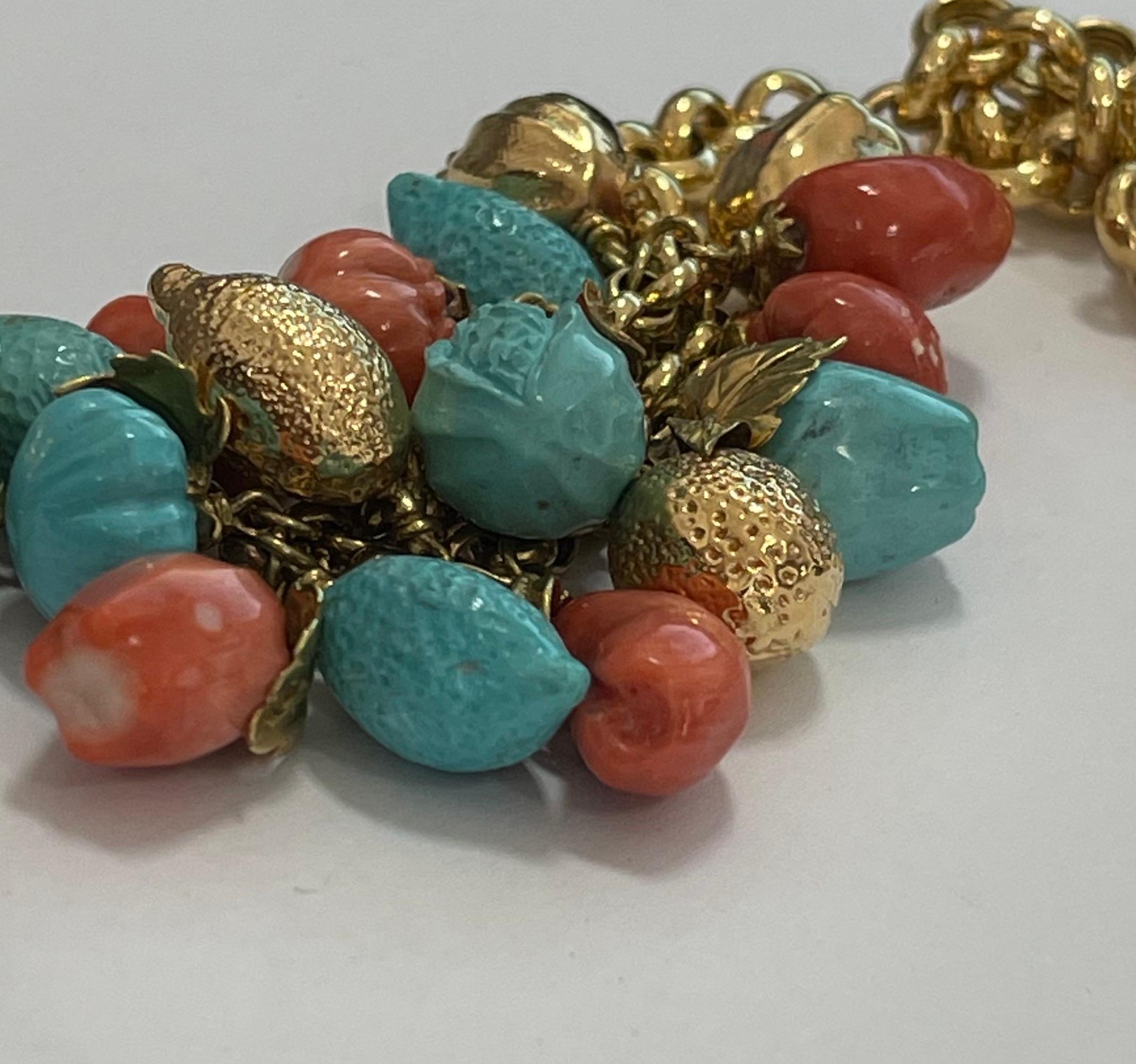 Women's Turquoise and Coral 18 Karat Yellow Gold Fruit Necklace For Sale