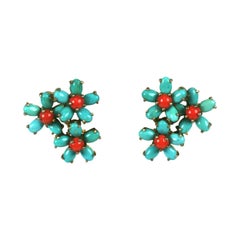 Vintage Turquoise and Coral Flower Earrings