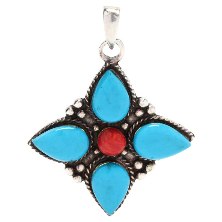 Turquoise and Coral Flower Pendant, Sterling Silver For Sale at 1stDibs