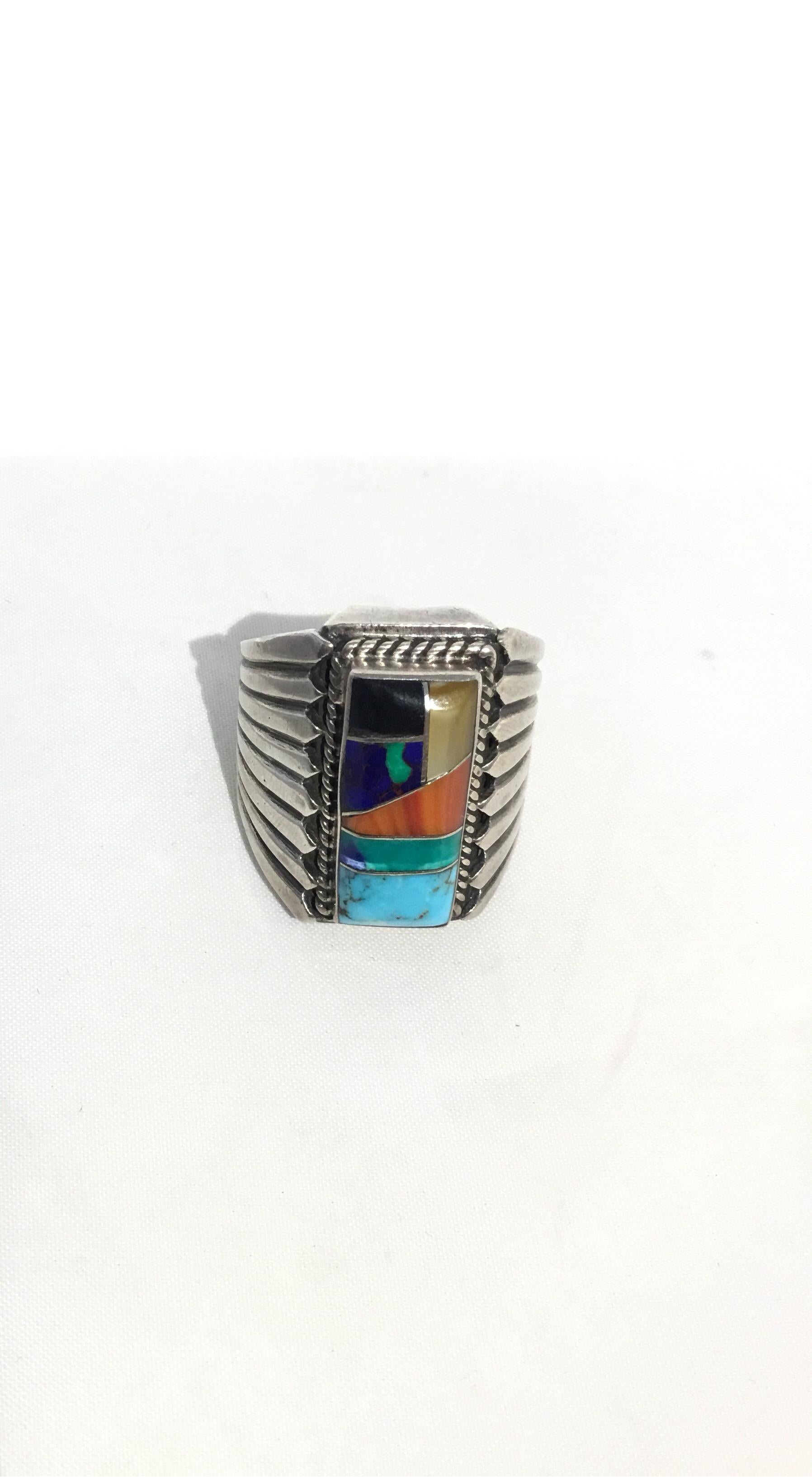 Turquoise and Coral Inlay Native American Sterling Silver Ring 1