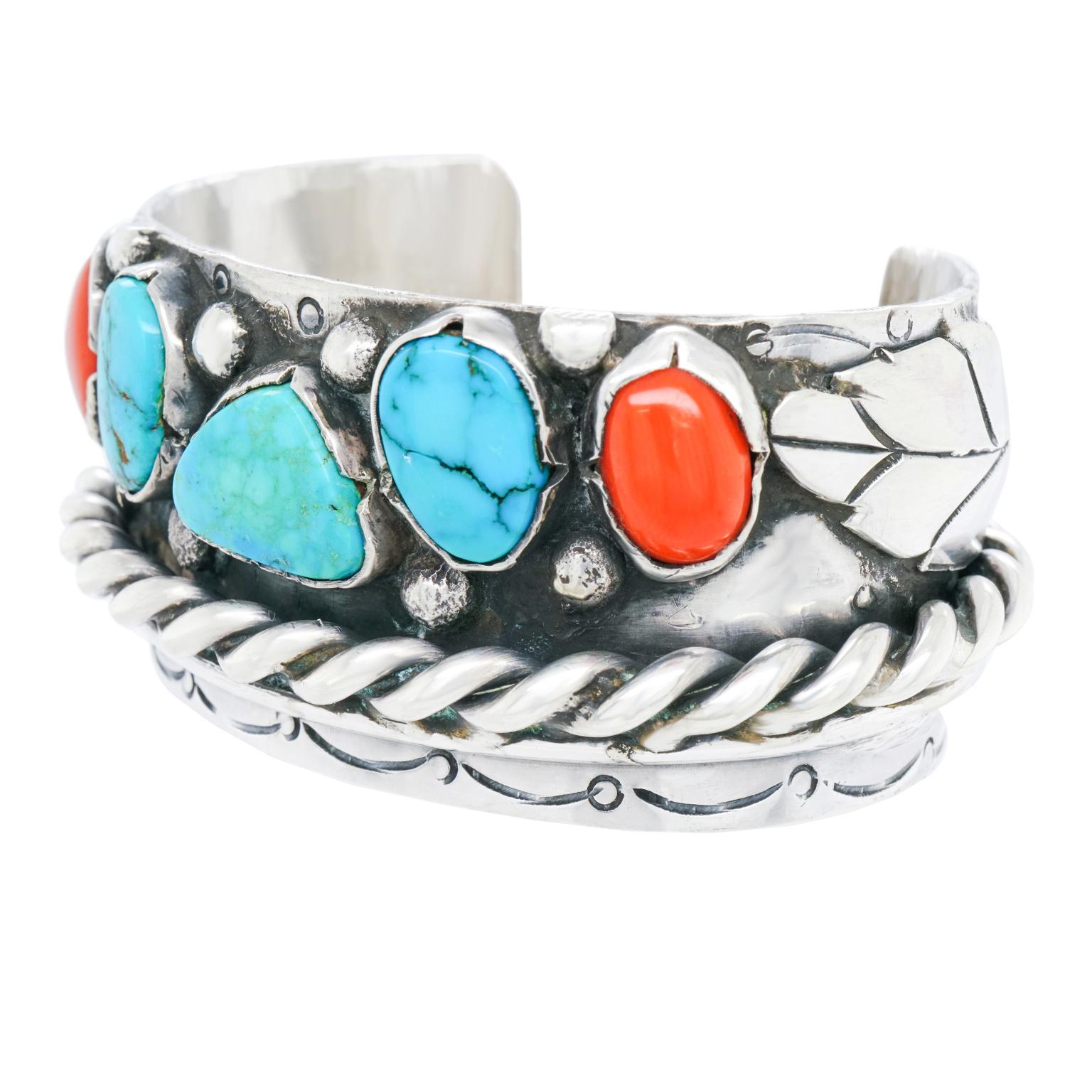 turquoise and coral cuff bracelet