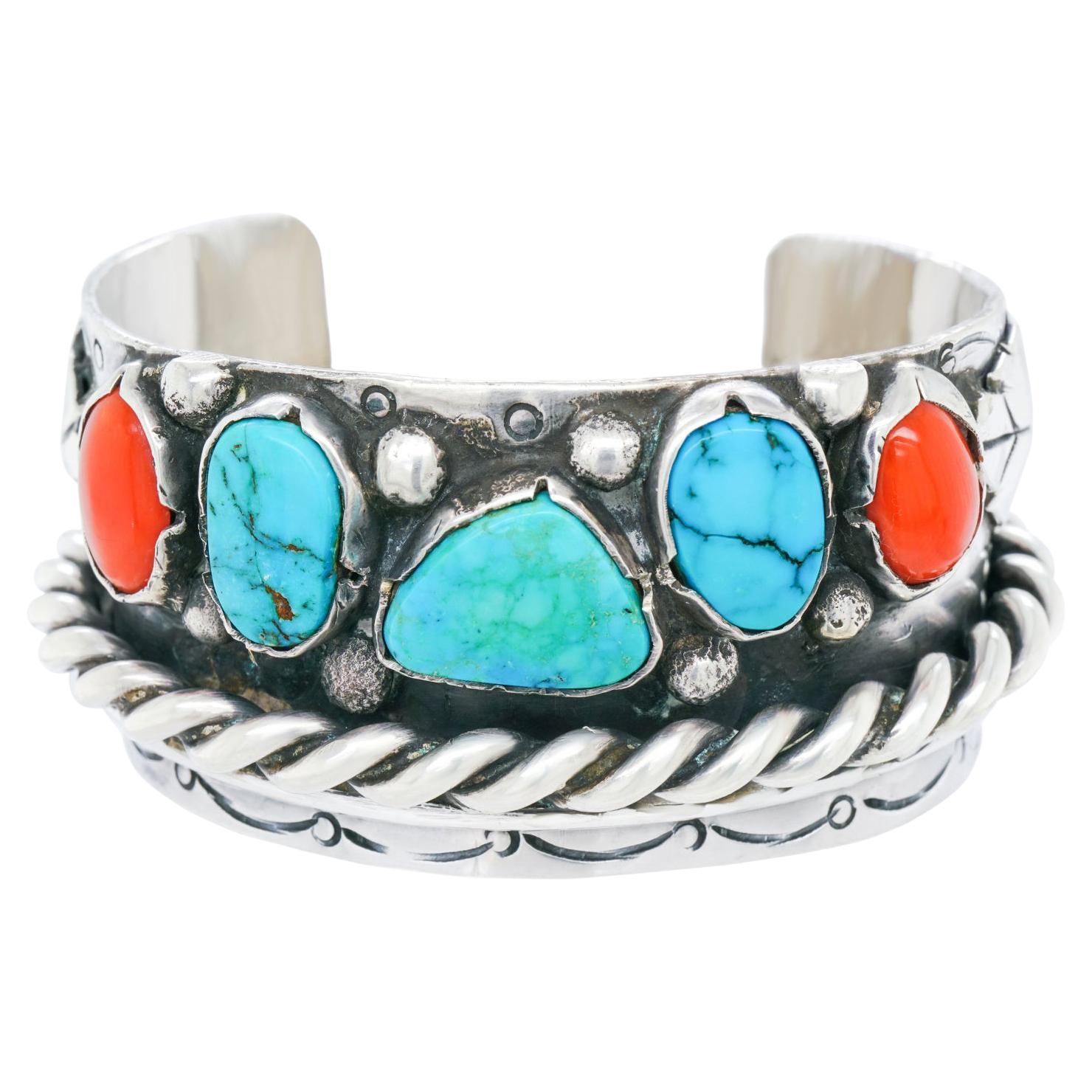Sterling Silver Navajo Handmade Engraved Turquoise or Coral Stone Cuff Bracelet 
