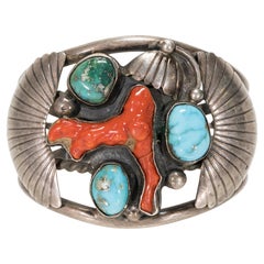Turquoise and Coral Sterling Silver Cuff Bracelet