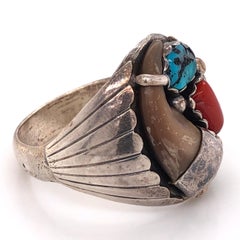 Turquoise and Coral Sterling Silver Native American Man’s Claw Ring Estate Find