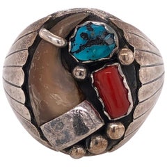 Turquoise and Coral Sterling Silver Native American Man’s Claw Ring Estate Find 