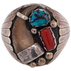 Turquoise and Coral Sterling Silver Native American Man’s Claw Ring Estate Find
