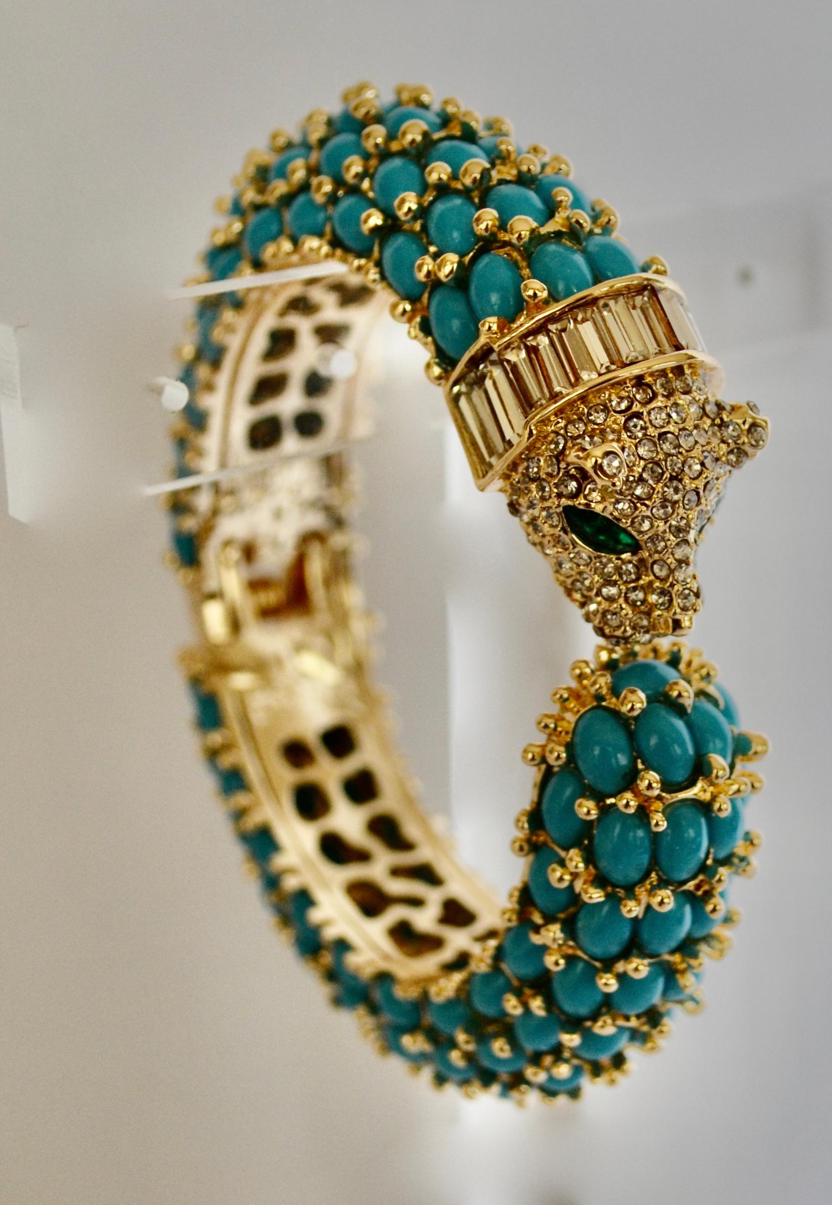 Women's or Men's Turquoise and Crystal Panther Bangle