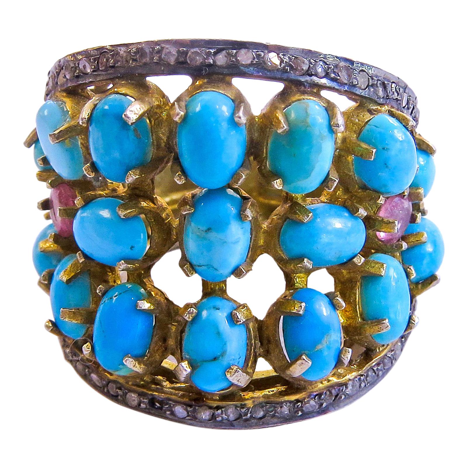 Turquoise and Diamond 14 Karat Gold Plated on Sterling  Silver Ladies Ring For Sale