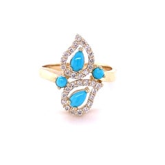 Turquoise and Diamond 14 Karat Yellow Gold Cocktail Ring