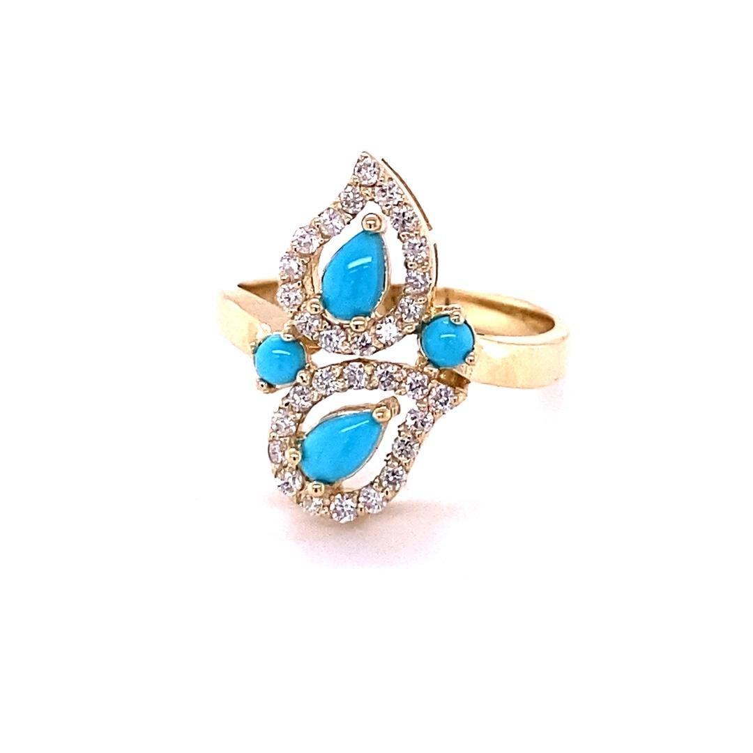 Contemporary Turquoise and Diamond 14 Karat Yellow Gold Cocktail Ring For Sale
