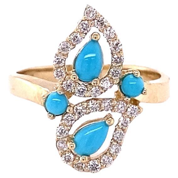 Bague cocktail en or jaune 14 carats avec turquoise et diamants