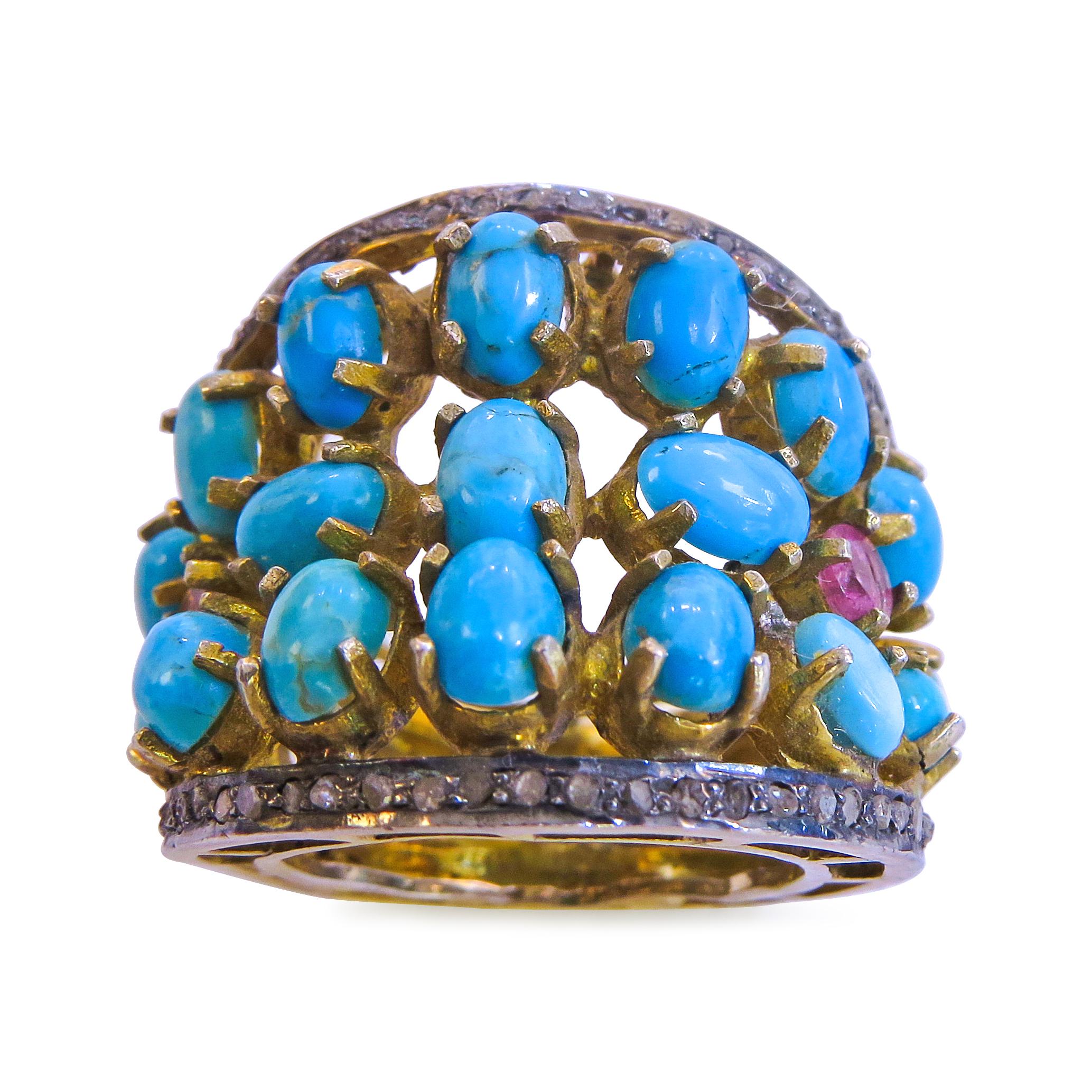 Artist Turquoise and Diamond 14 Karat Gold Plated on Sterling  Silver Ladies Ring For Sale