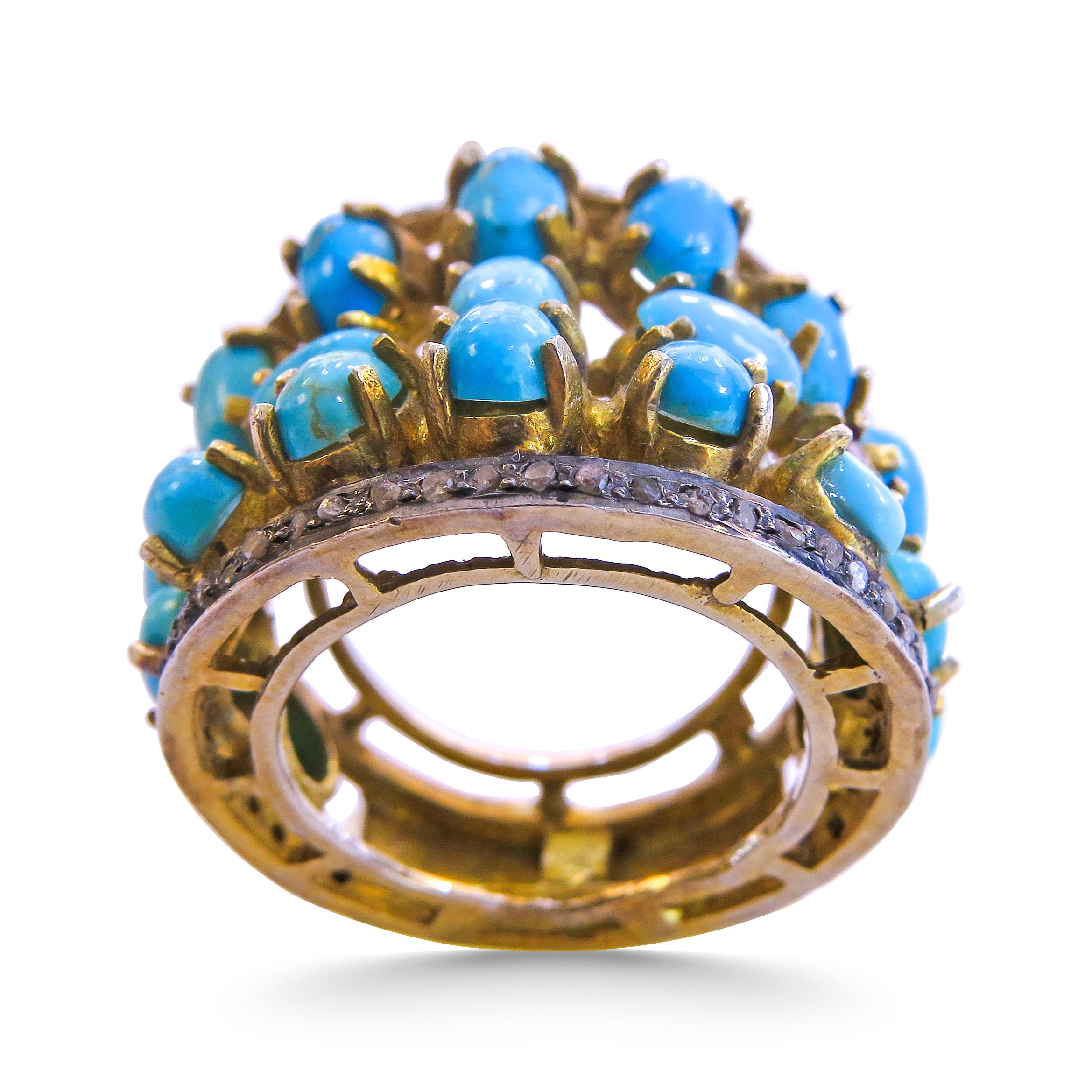 Turquoise and Diamond 14 Karat Gold Plated on Sterling  Silver Ladies Ring In Excellent Condition For Sale In Jackson Heights, NY