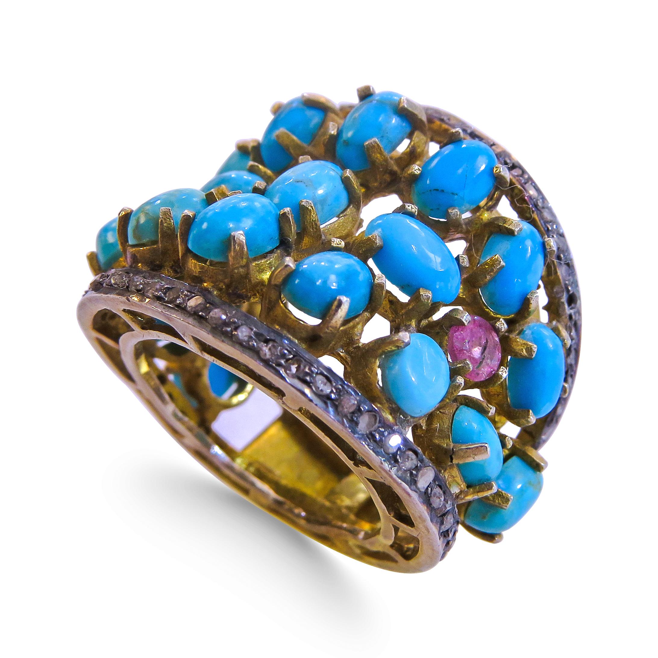 Women's Turquoise and Diamond 14 Karat Gold Plated on Sterling  Silver Ladies Ring For Sale