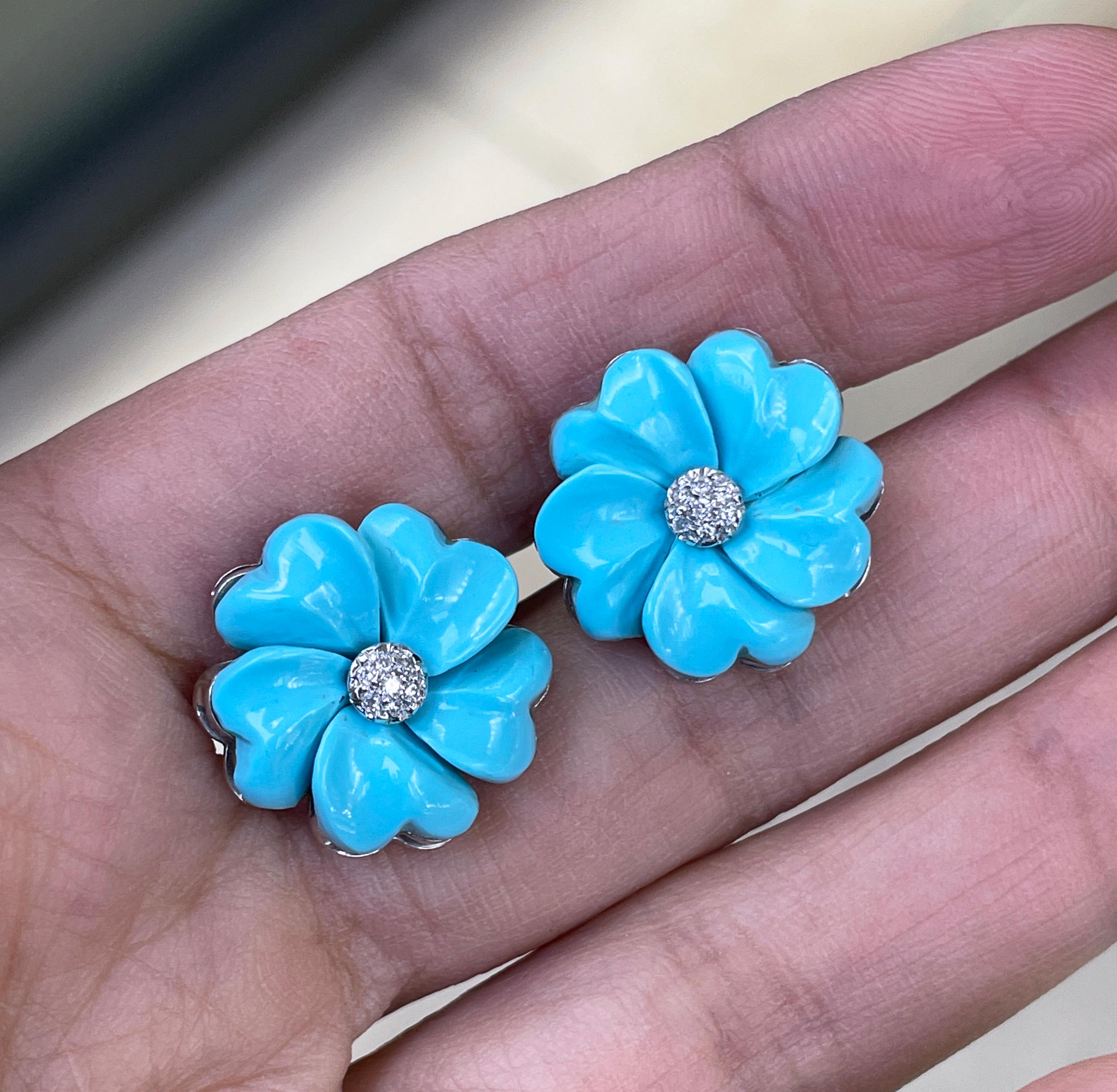 Retro Turquoise and Diamond 18 Carat White Gold Flower Stud Earrings