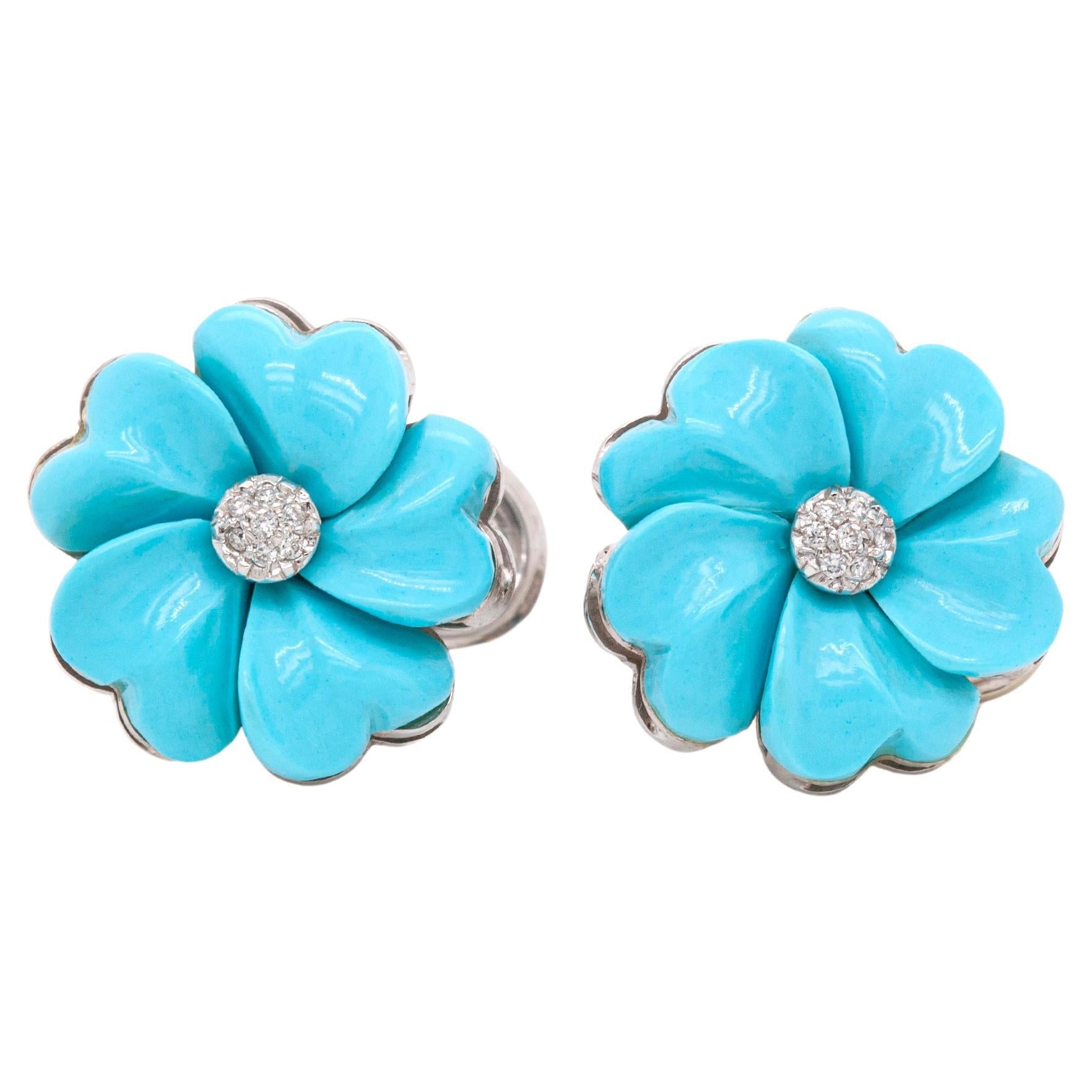 Turquoise and Diamond 18 Carat White Gold Flower Stud Earrings