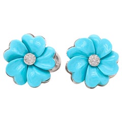 Turquoise and Diamond 18 Carat White Gold Flower Stud Earrings