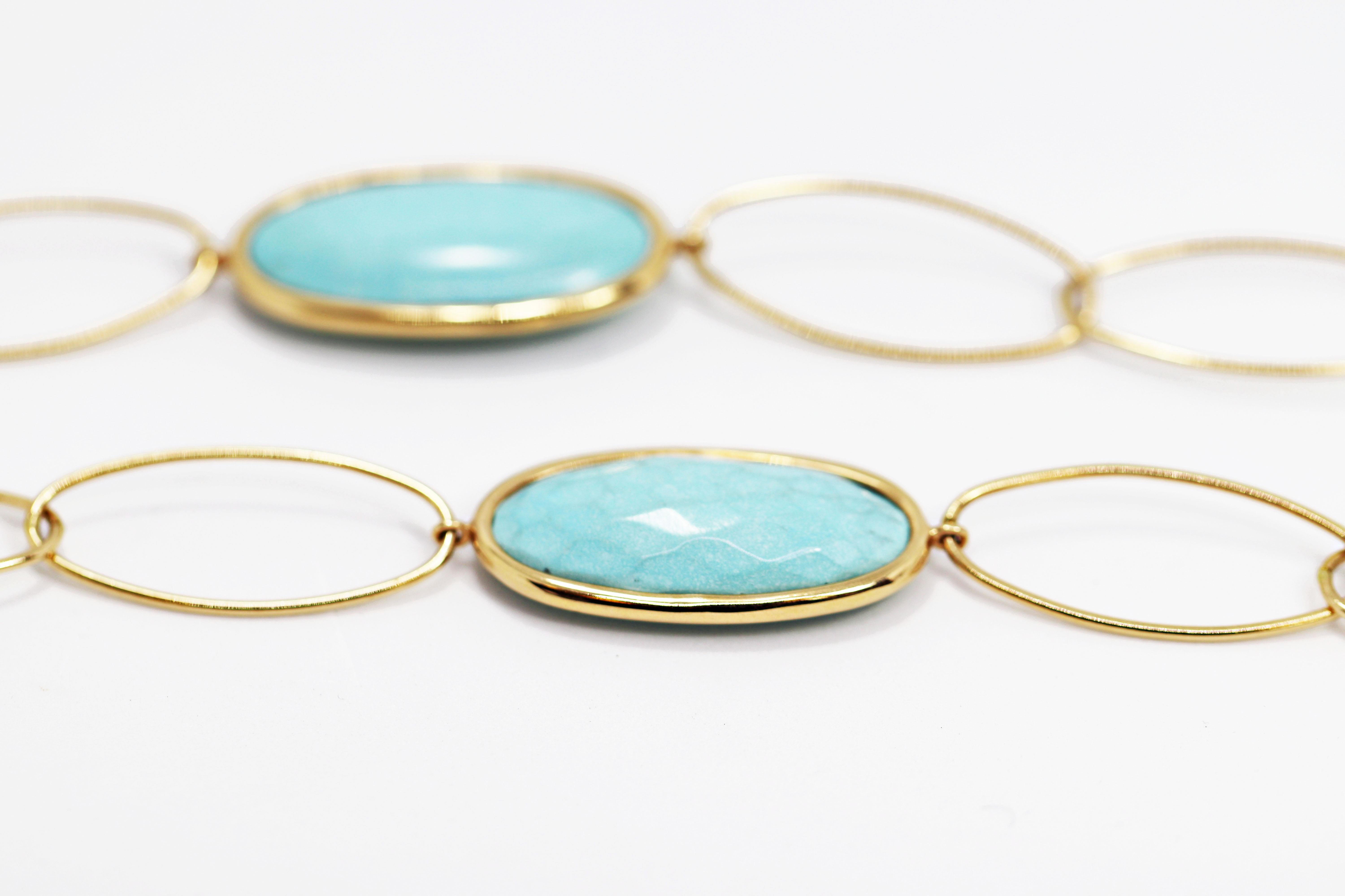 Oval Cut Turquoise and Diamond 18 Carat Yellow Gold Necklace