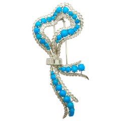 Turquoise and Diamond 18 Karat White Gold Bow Brooch