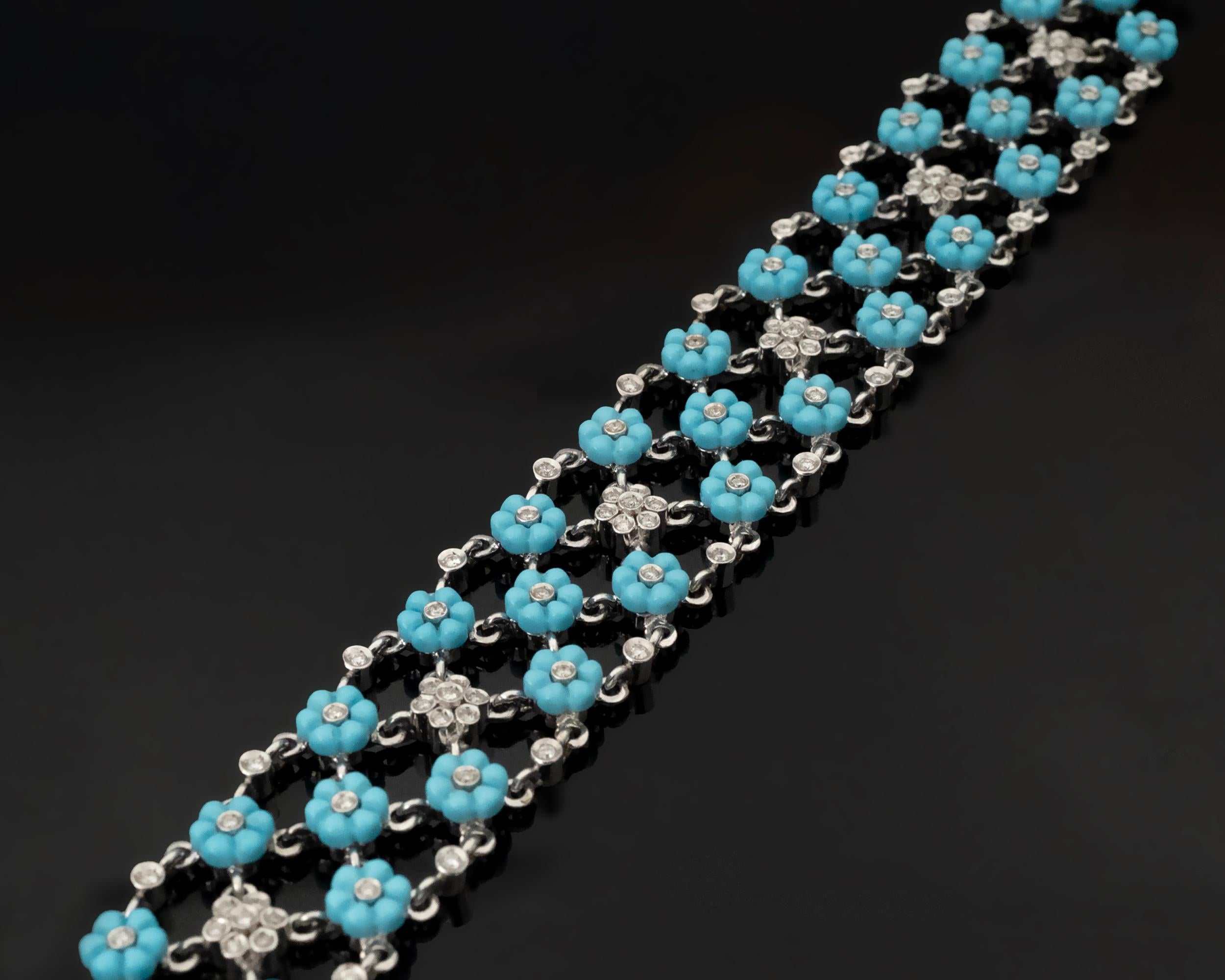 Pulsera de eslabones florales de oro blanco de 18 quilates con turquesa y diamantes Contemporáneo en venta