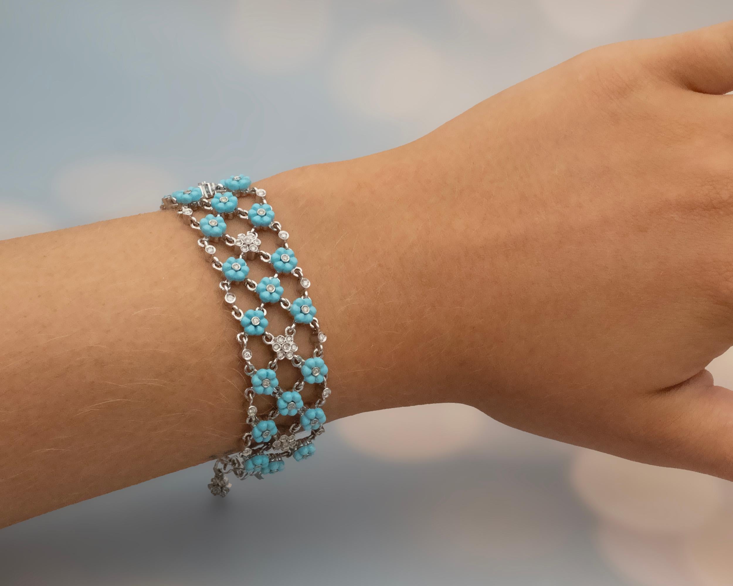Pulsera de eslabones florales de oro blanco de 18 quilates con turquesa y diamantes en Nuevo estado para la venta en Monte Carlo, MC