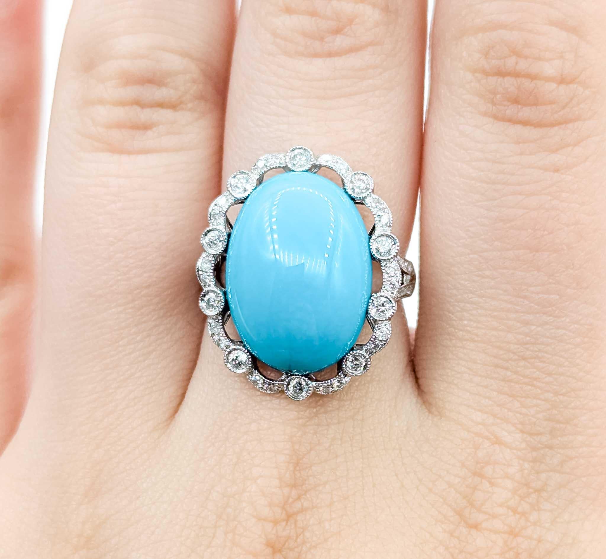 Women's Turquoise and Diamond 18k White Gold Ring For Sale