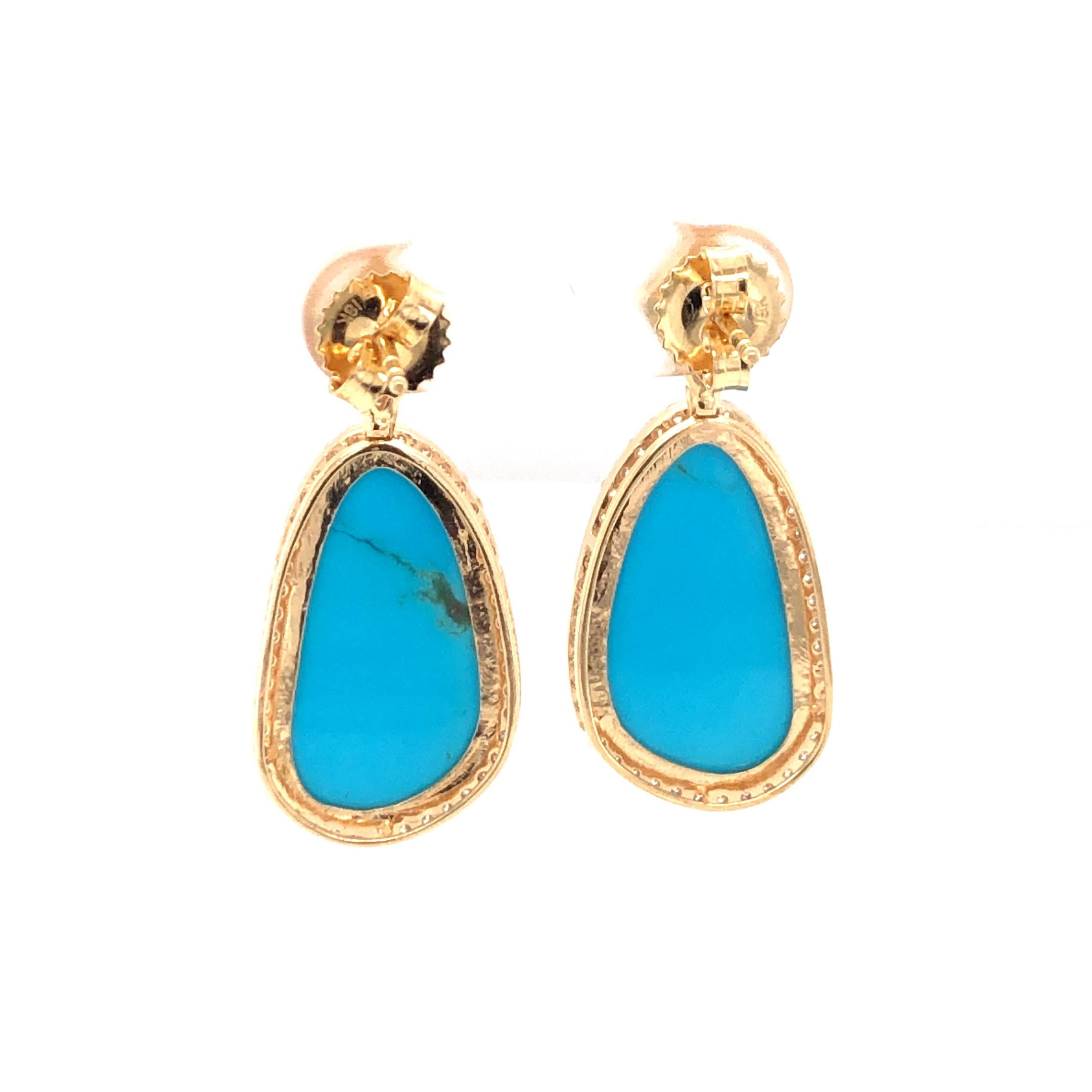 Cabochon Turquoise and Diamond 18K Yellow Gold Earring For Sale