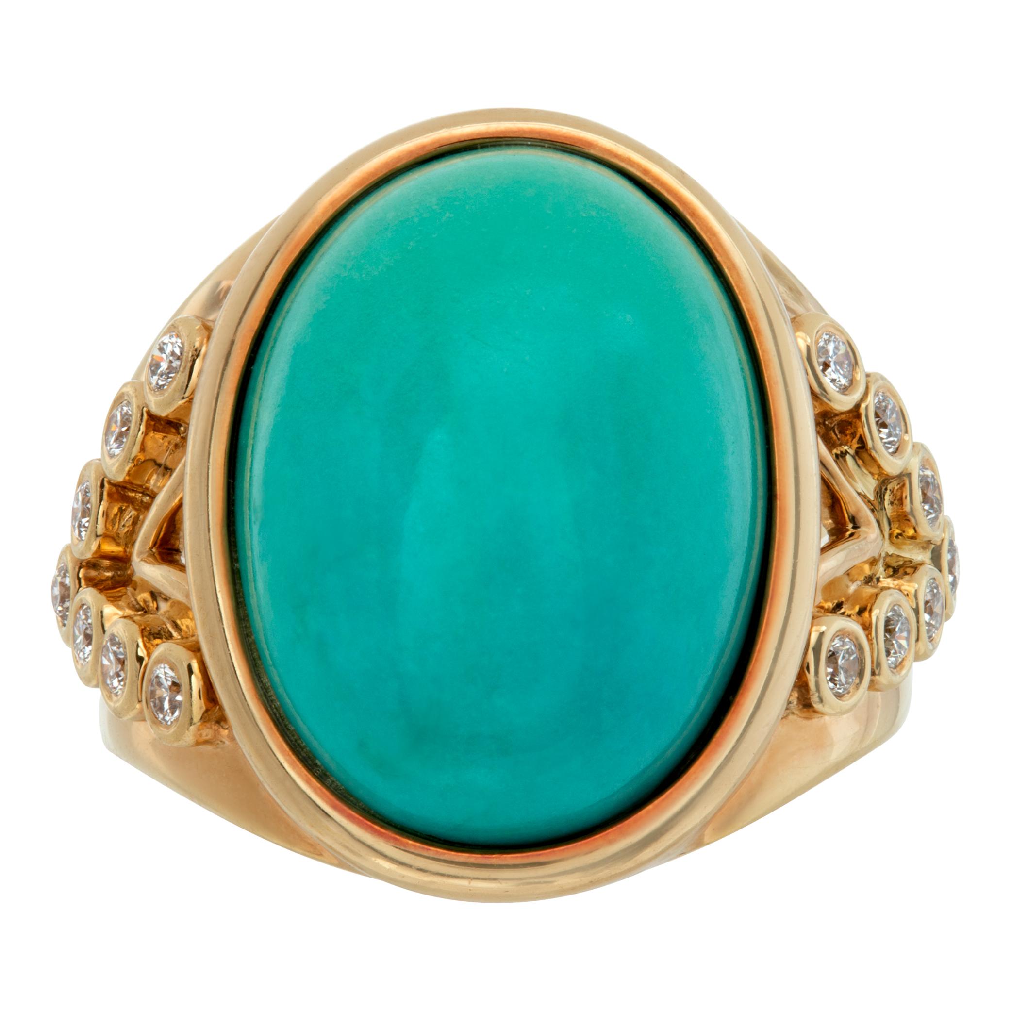 Cabochon turquoise ring in 18k yellow gold with approximately 0.28 carats in bezel set diamond accents. Ring size 4.75.

This turquoise ring is currently size 4.75 and some items can be sized up or down, please ask! It weighs 7.4 pennyweights and is