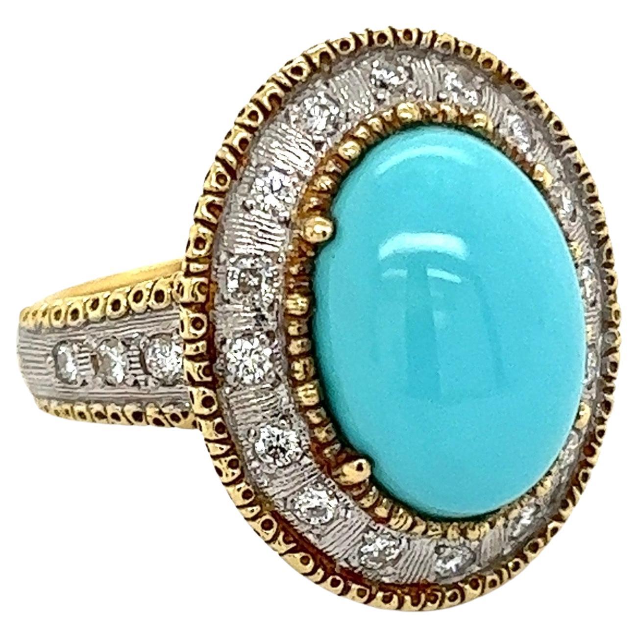 Turquoise and Diamond 2-Tone Gold Vintage Cocktail Ring Estate Fine Jewelry