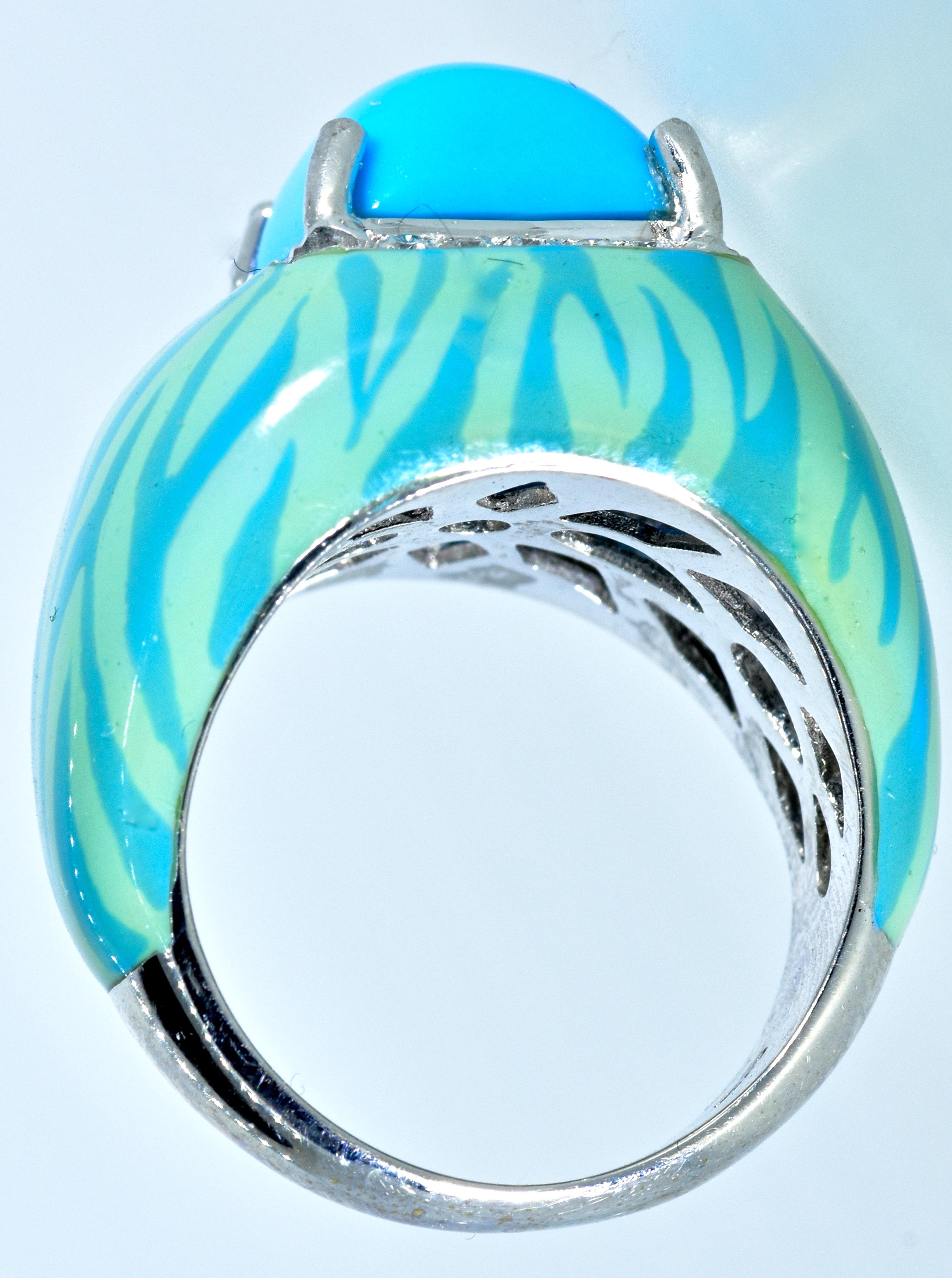 Sugarloaf Cabochon Turquoise and Diamond and 18K White Gold Ring with Matching Enamel For Sale
