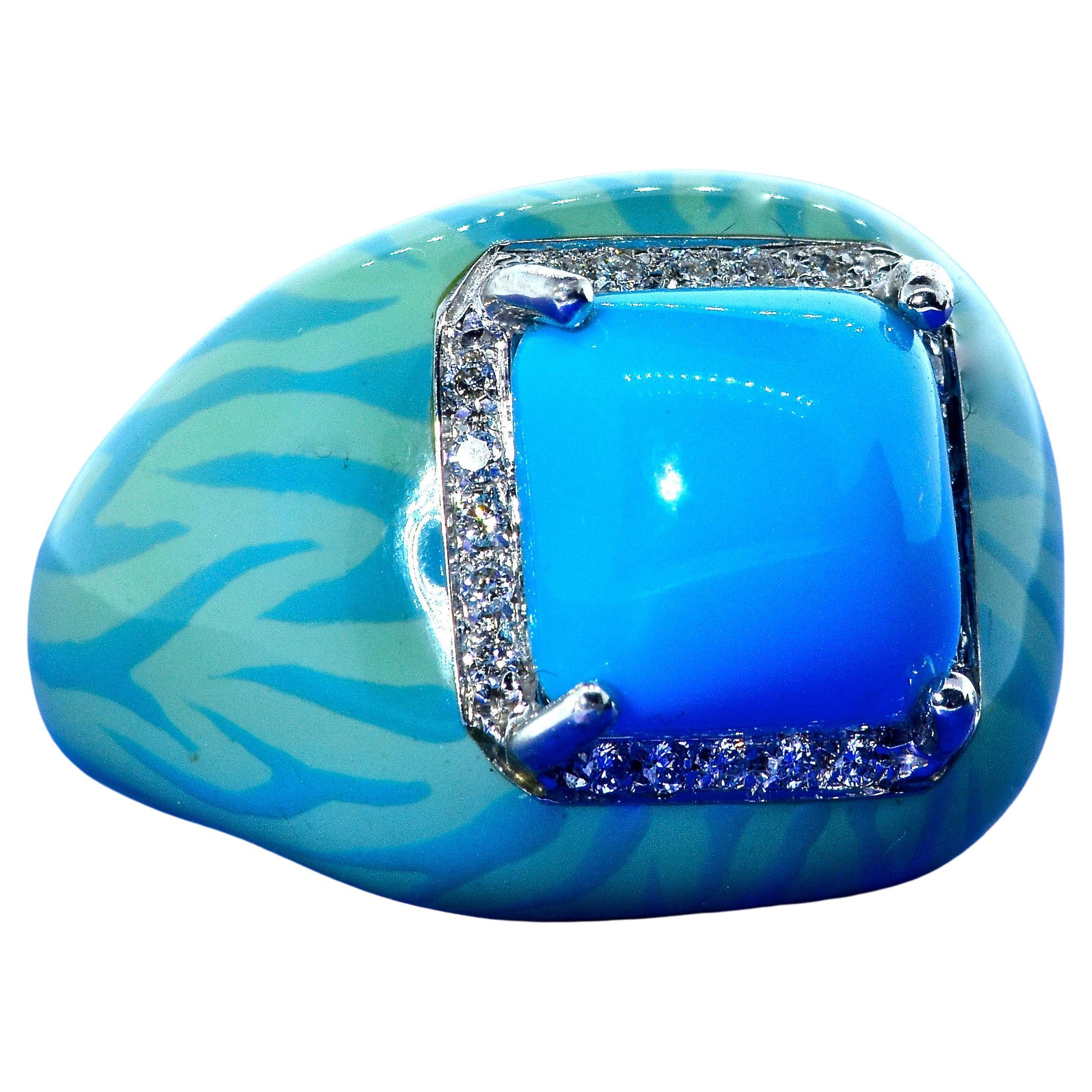 Turquoise and Diamond and 18K White Gold Ring with Matching Enamel In Excellent Condition In Aspen, CO