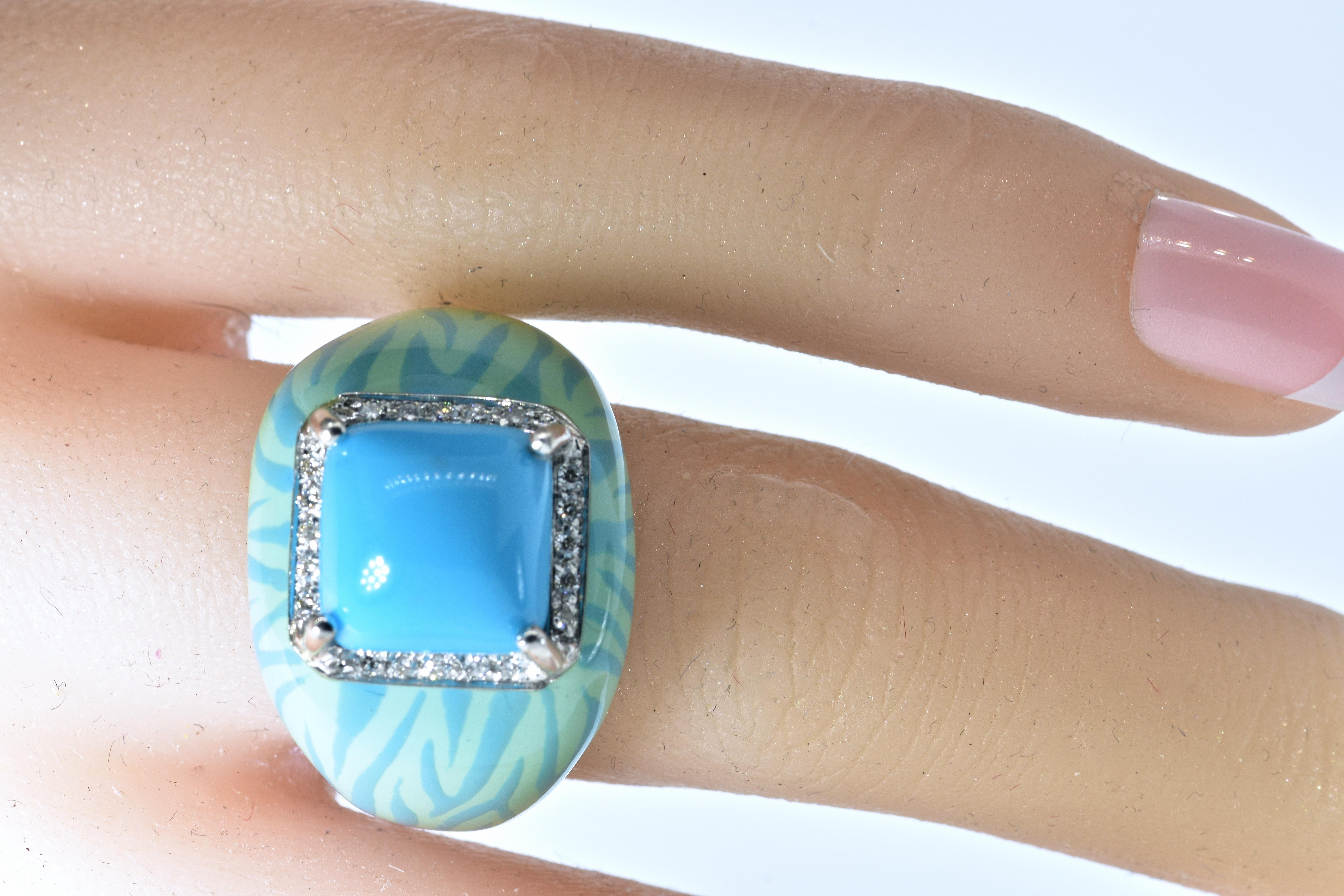 Turquoise and Diamond and 18K White Gold Ring with Matching Enamel In Excellent Condition For Sale In Aspen, CO