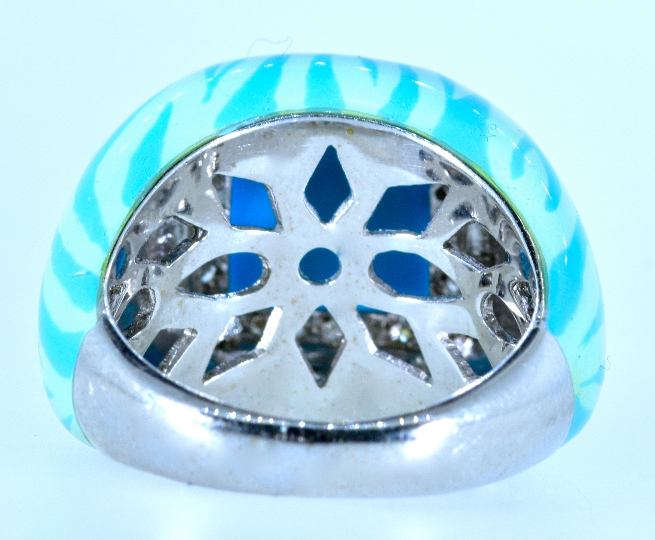 Women's or Men's Turquoise and Diamond and 18K White Gold Ring with Matching Enamel