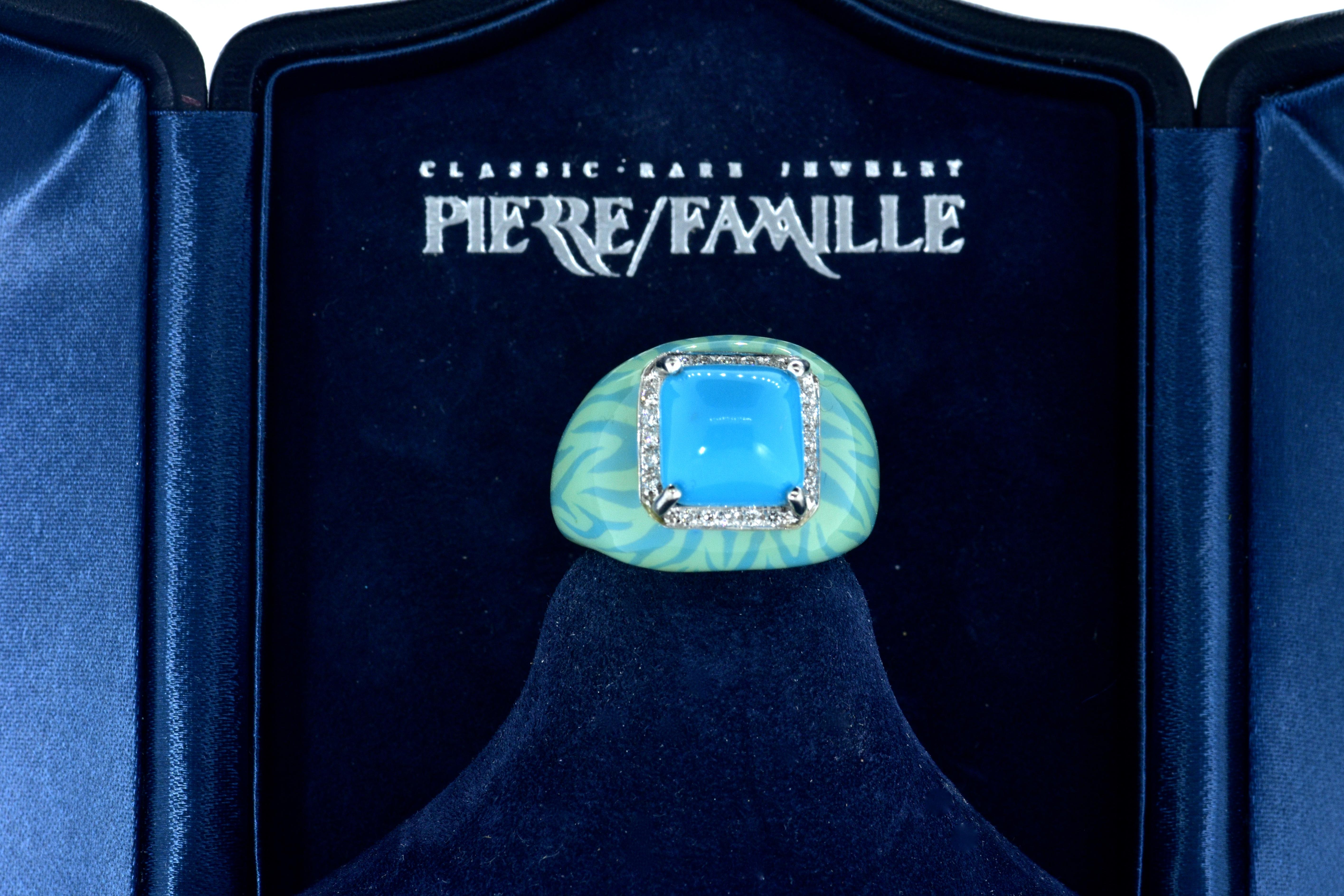 Turquoise and Diamond and 18K White Gold Ring with Matching Enamel For Sale 1